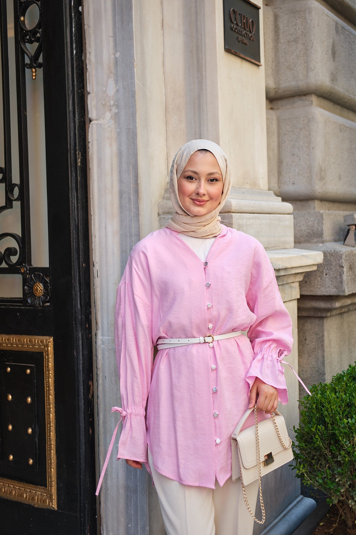 Brit Düğme Detaylı Bilekleri Ayarlanabilir Gömlek Pembe