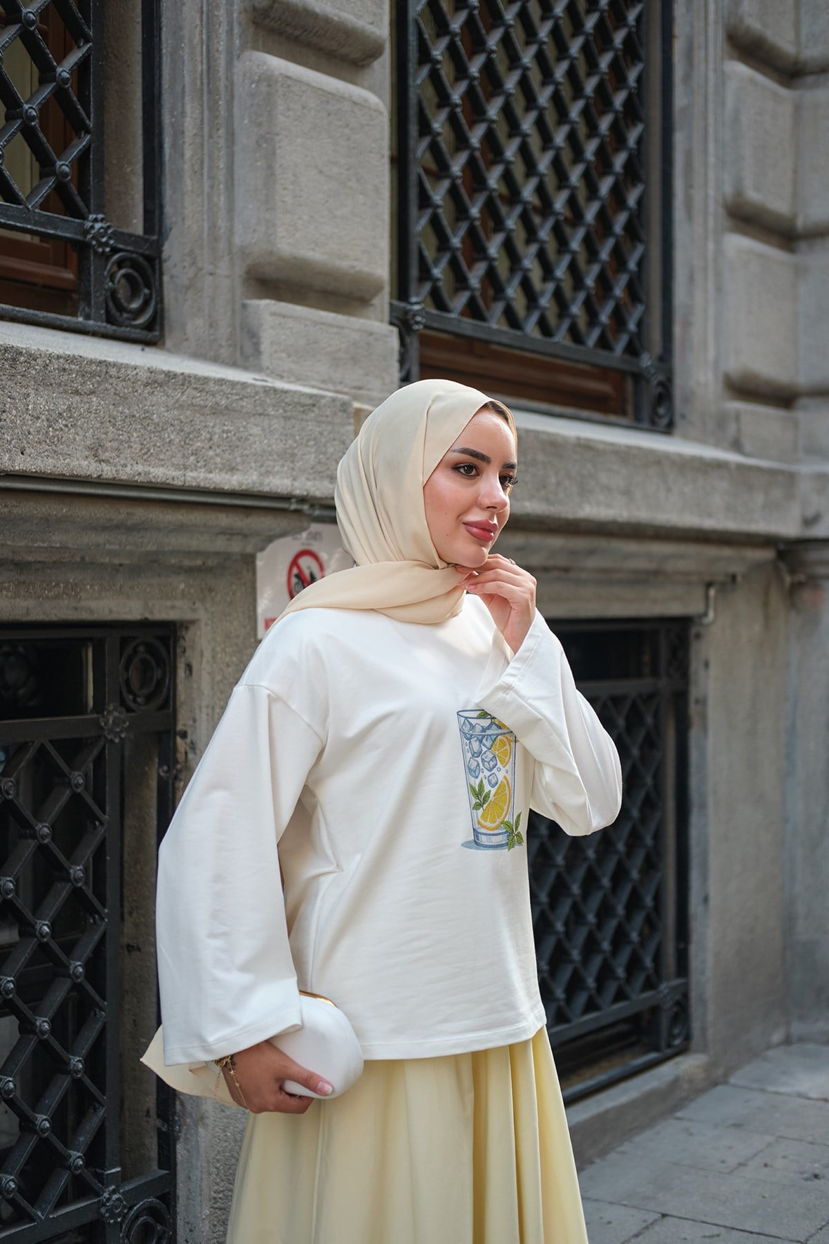 Buzlu Bardak Desen Uzun Kollu Body Ekru