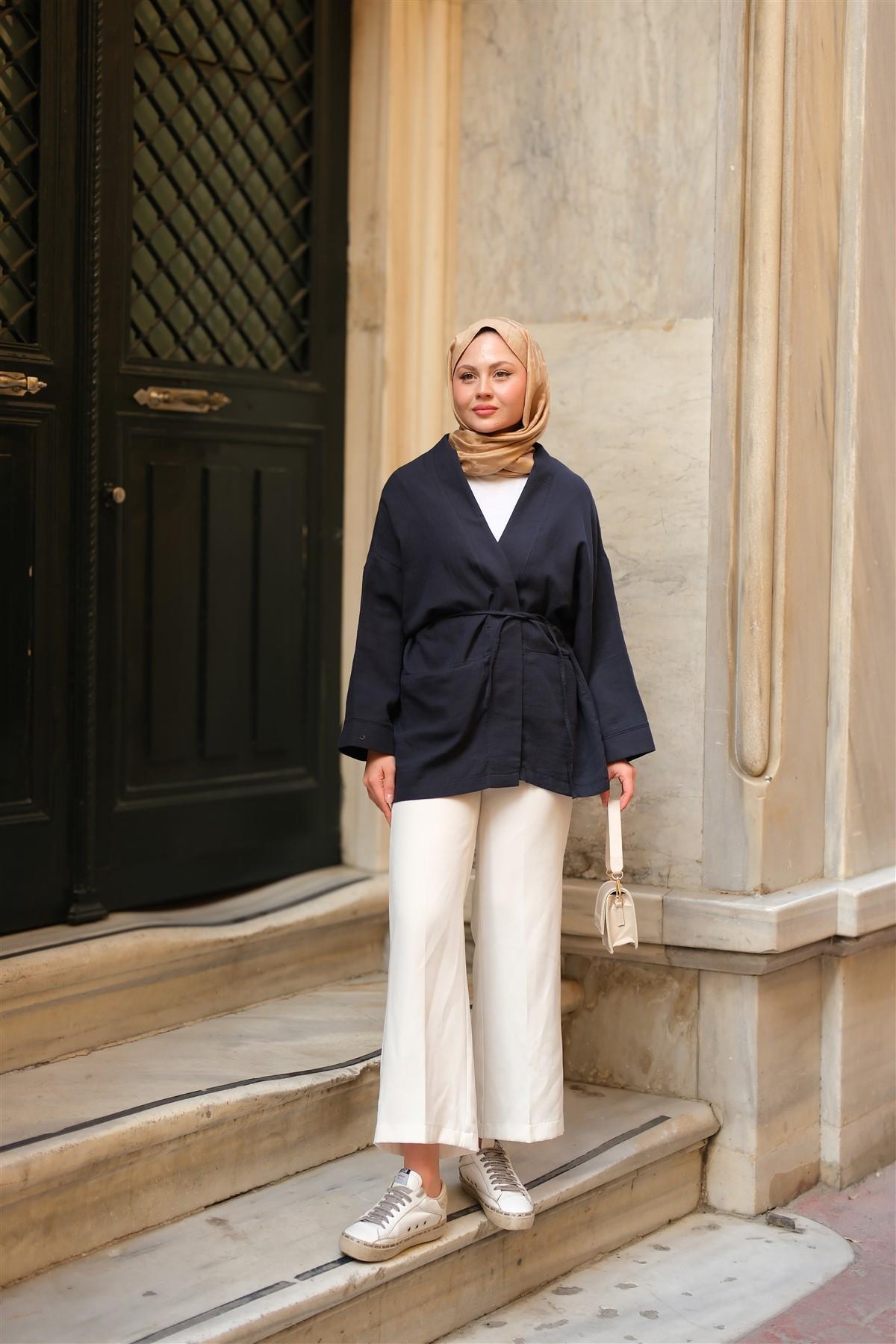 Cep Detaylı Keten Kimono Lacivert