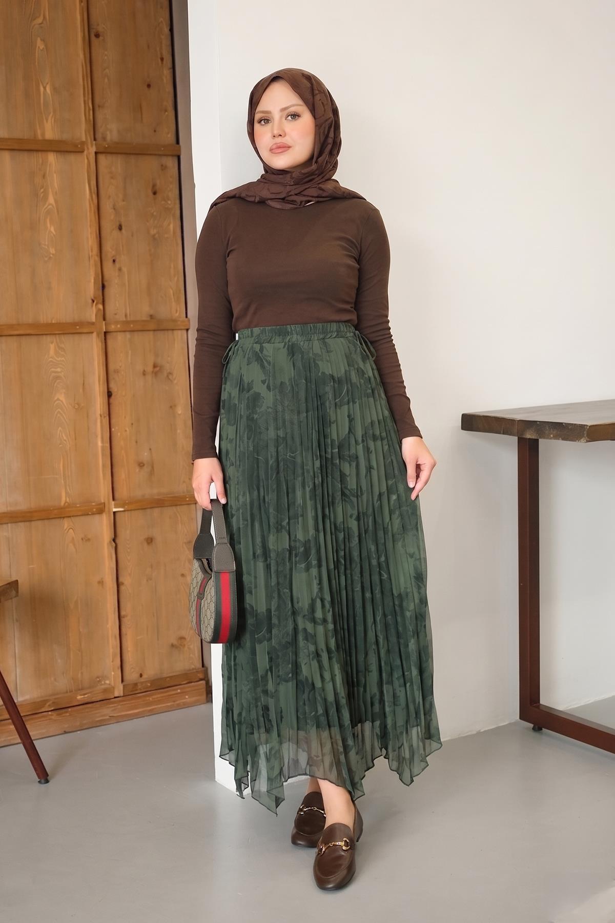 Çiçek Desen Asimetrik Şifon Etek Yeşil