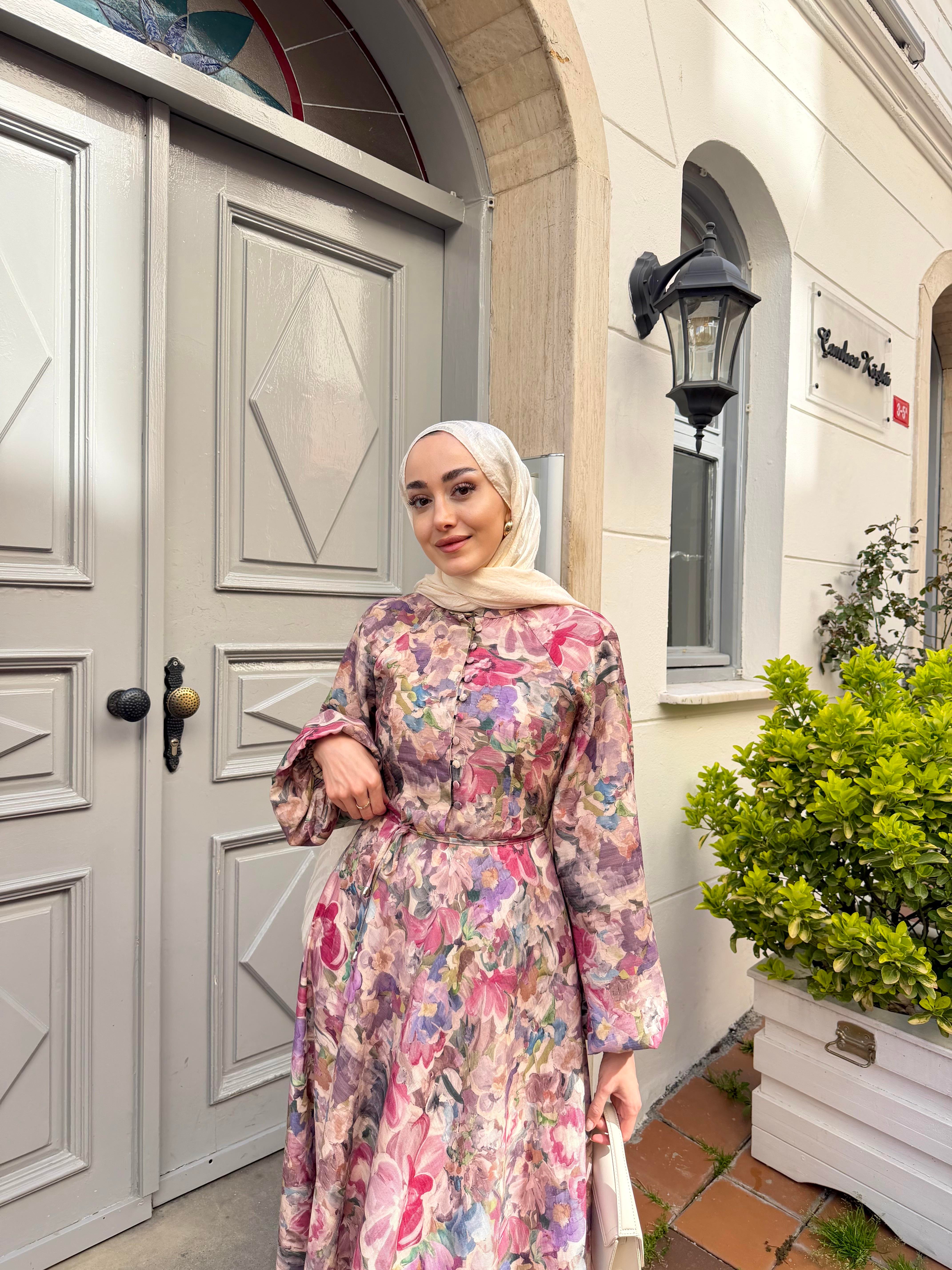 Çiçek Desen Düğmeli Ve Bel Bağlamalı Elbise Pembe