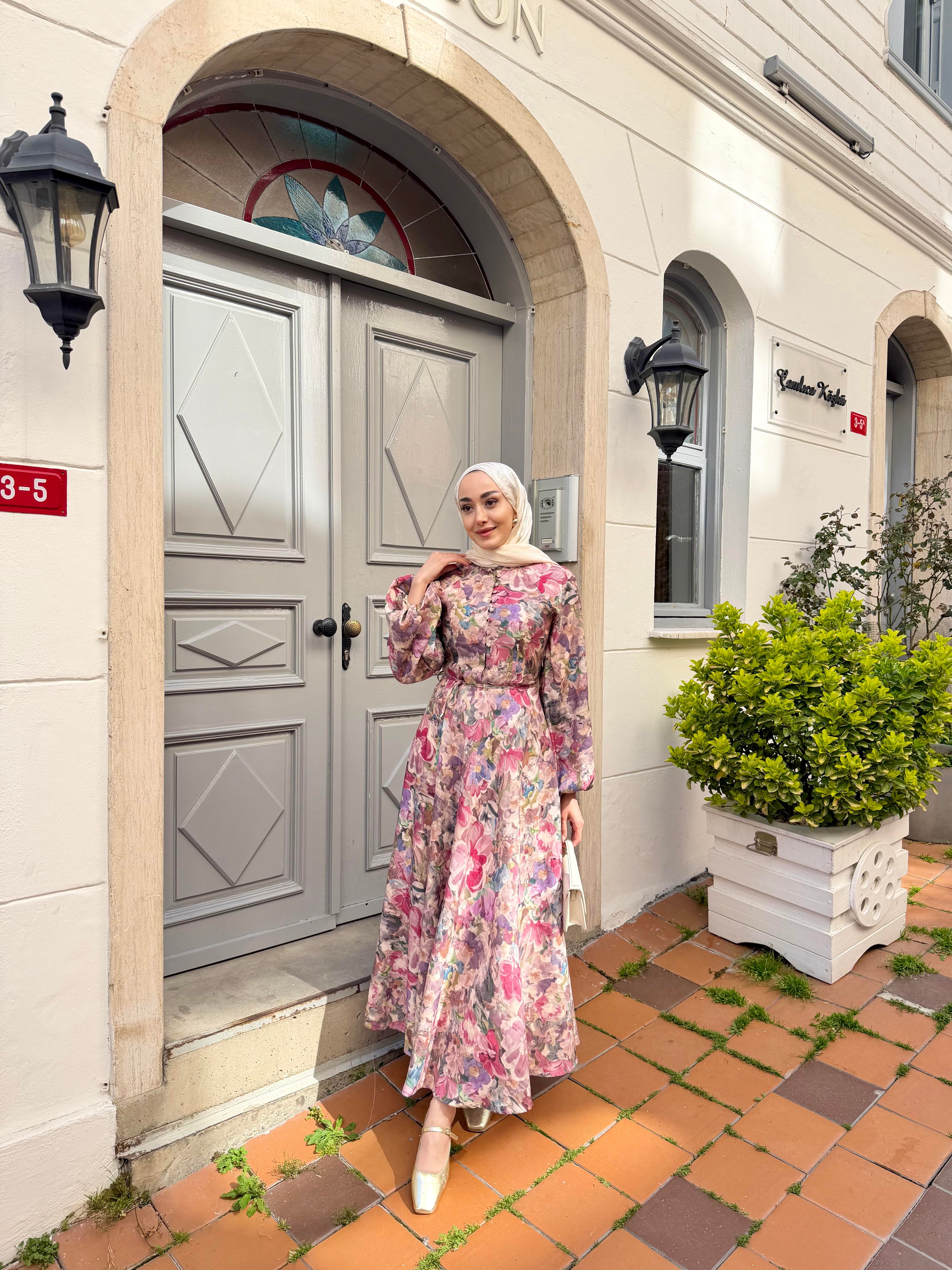 Çiçek Desen Düğmeli Ve Bel Bağlamalı Elbise Pembe