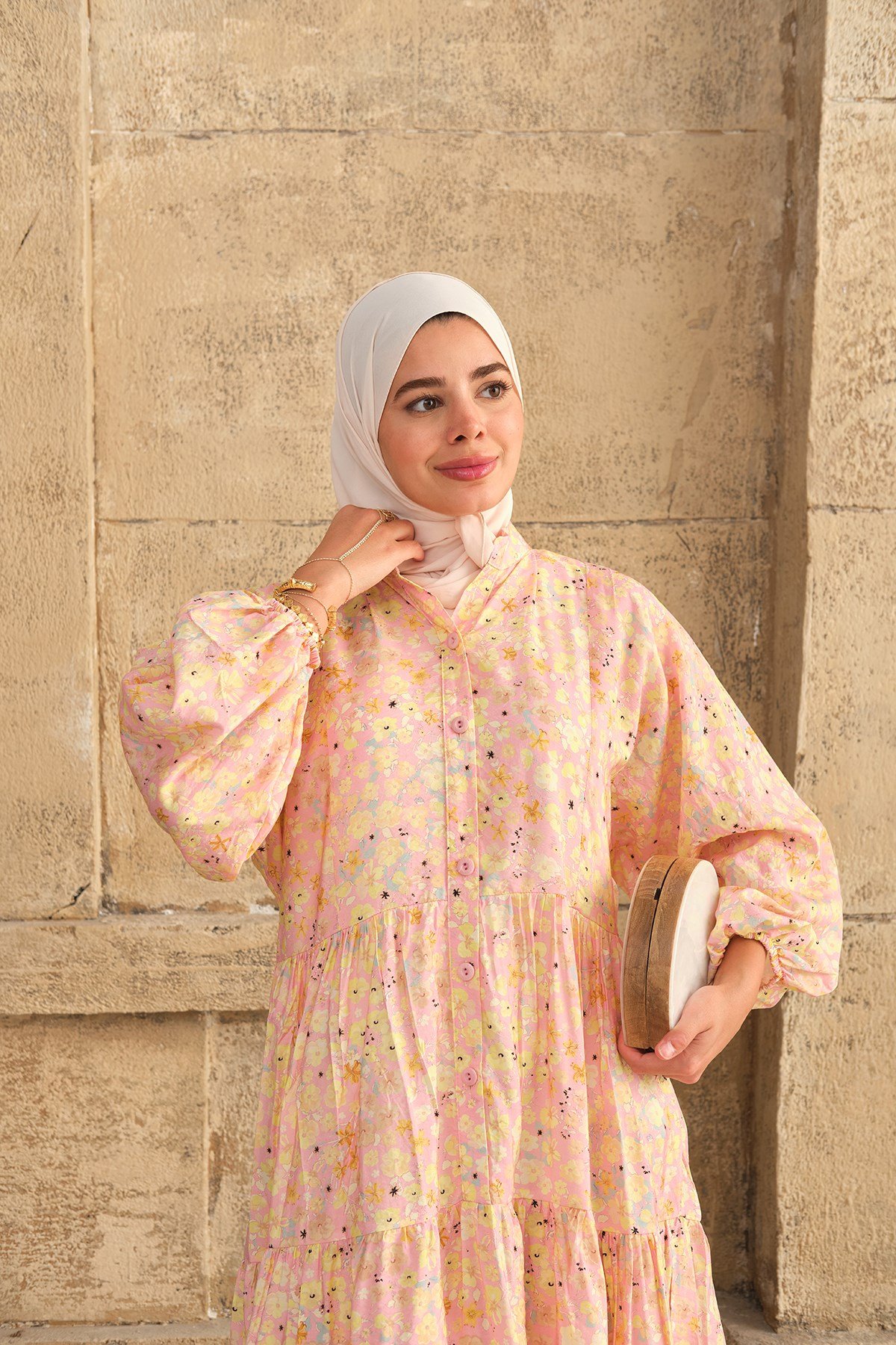 Çiçek Desenli Hakim Yaka Elbise Pembe