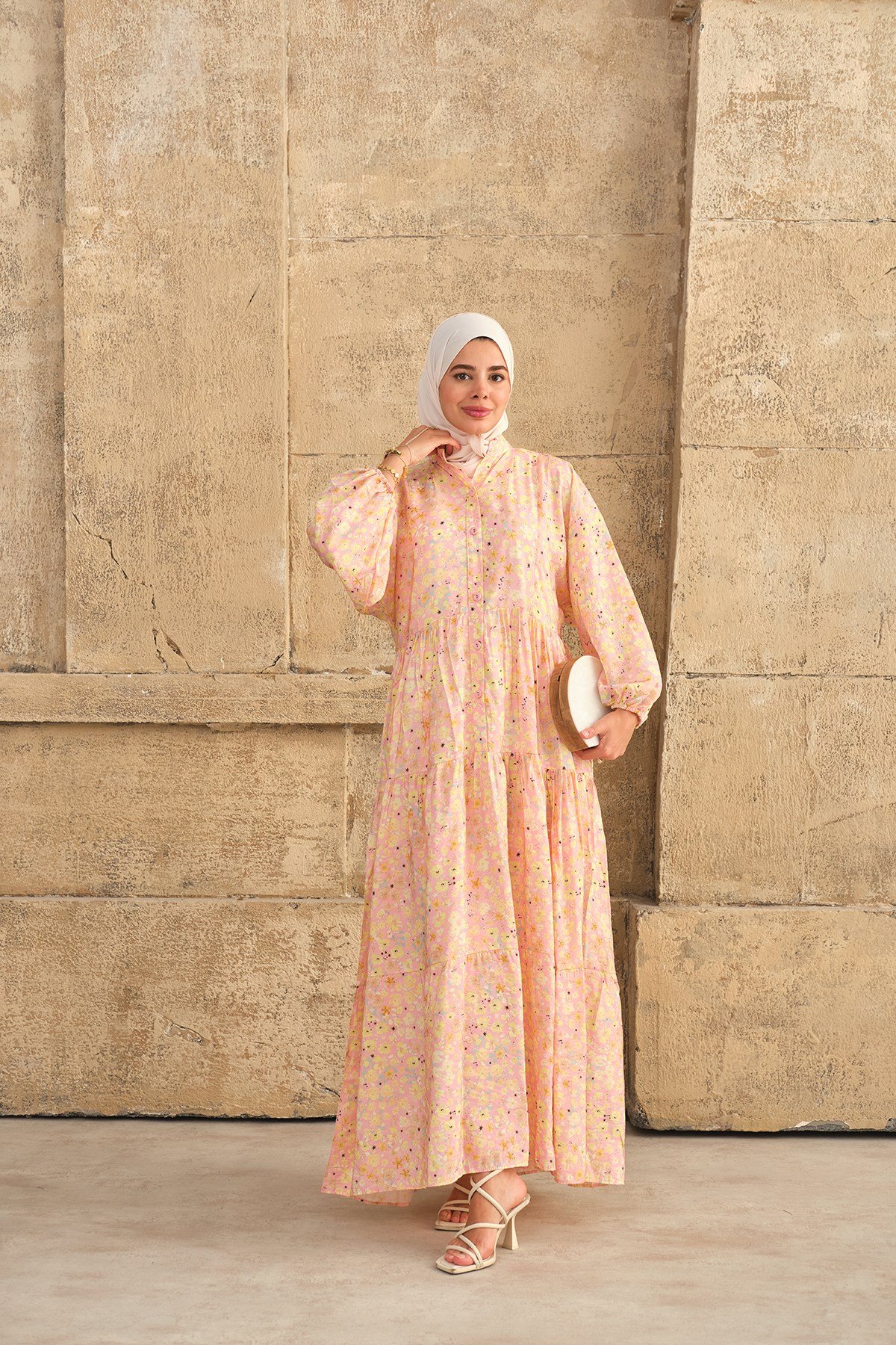 Çiçek Desenli Hakim Yaka Elbise Pembe