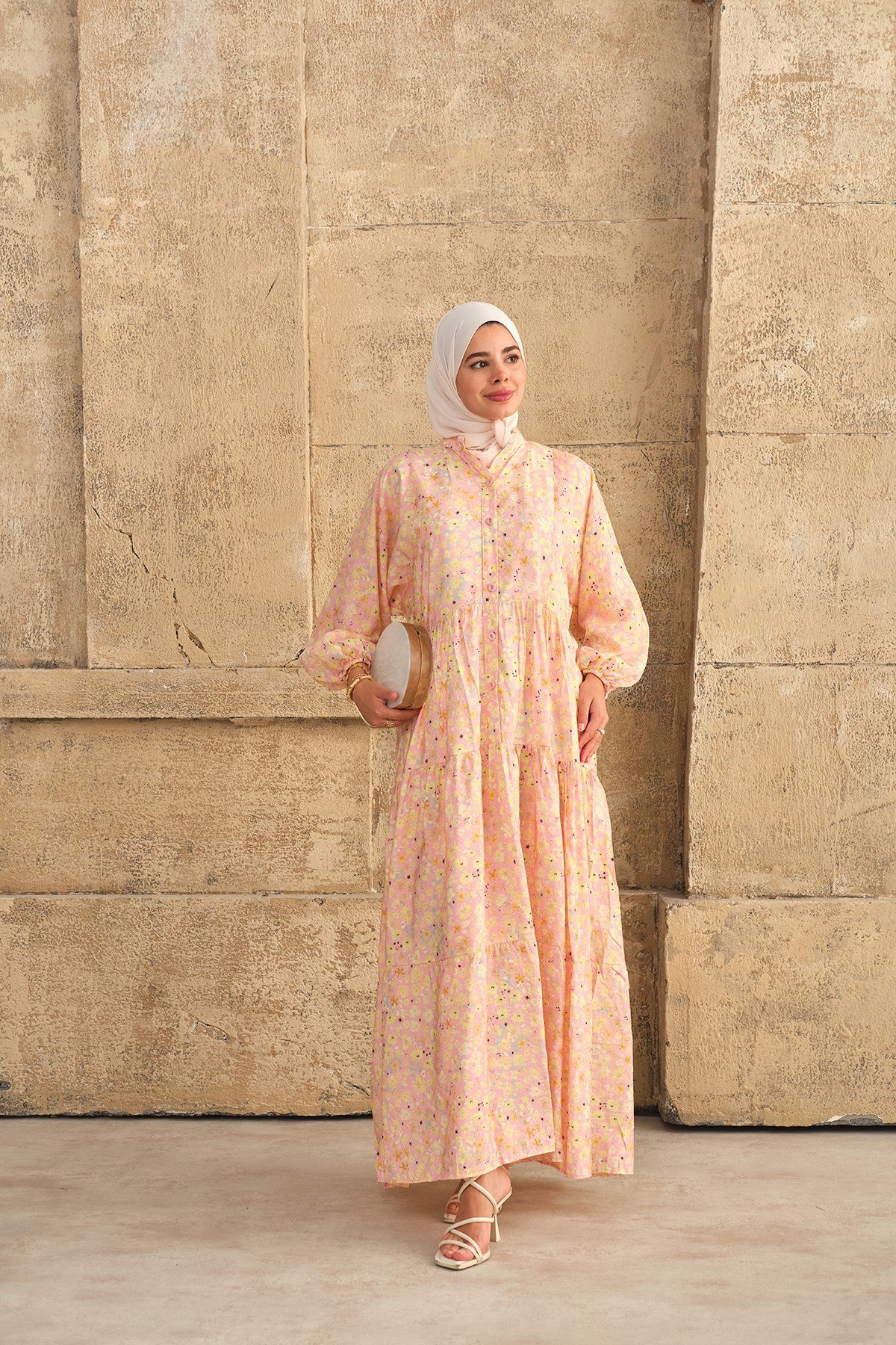 Çiçek Desenli Hakim Yaka Elbise Pembe