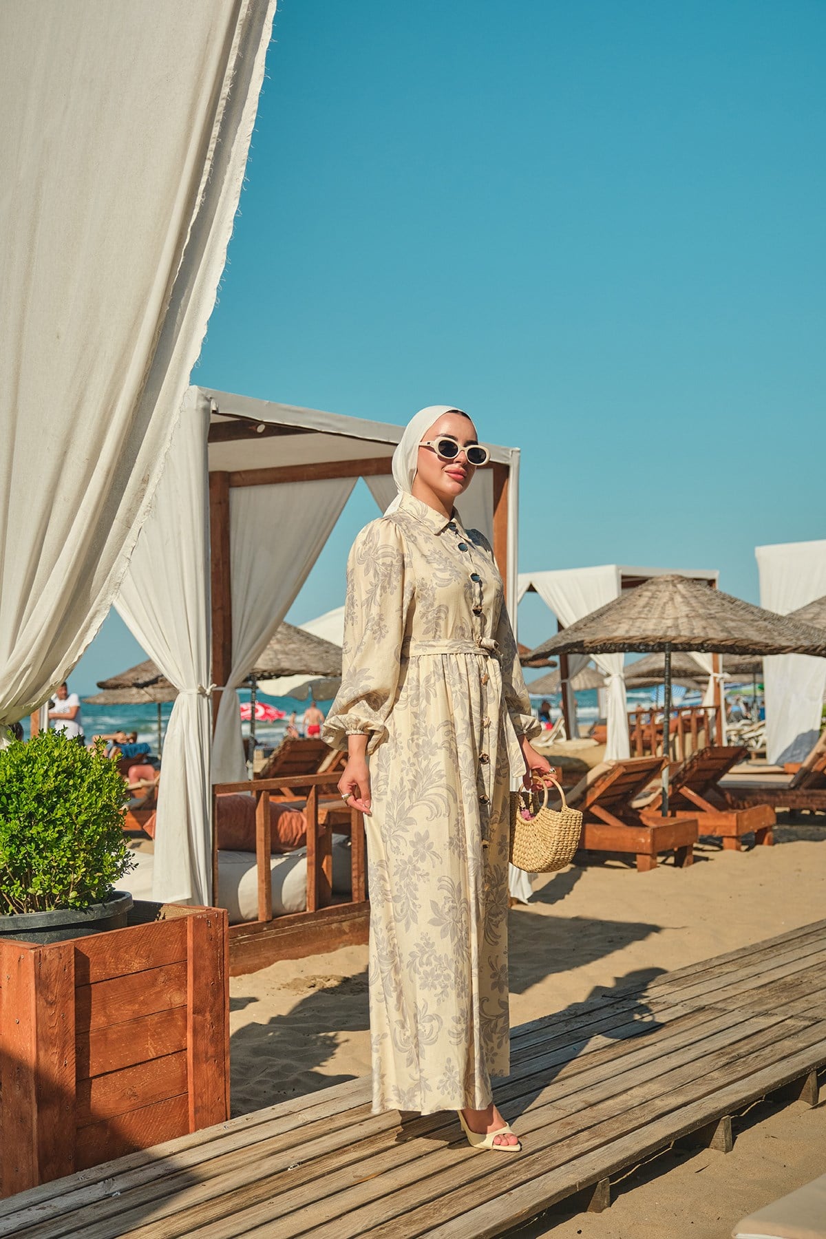 Çiçek Ve Yaprak Desen Boydan Düğmeli Bel Bağlamalı Keten Elbise Sarı