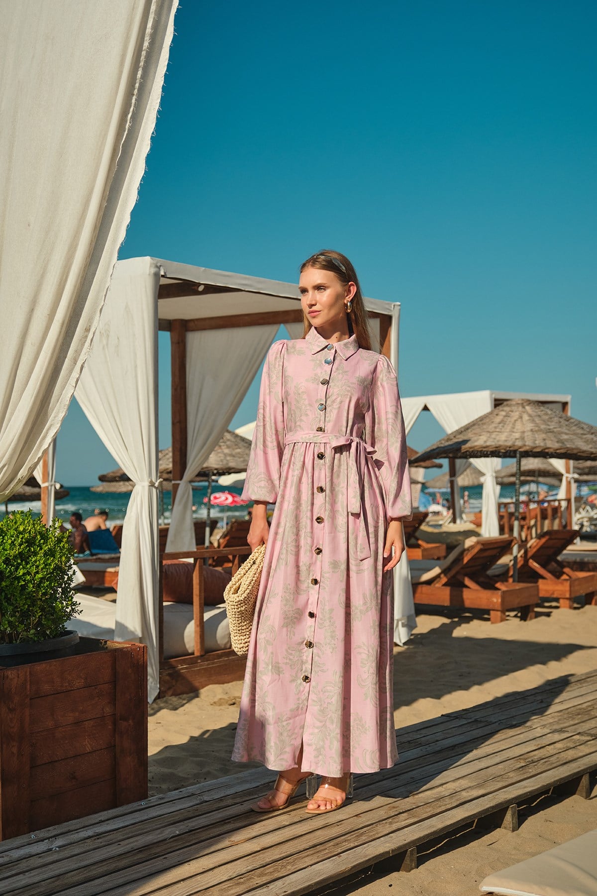 Çiçek Ve Yaprak Desen Boydan Düğmeli Bel Bağlamalı Keten Elbise Pembe