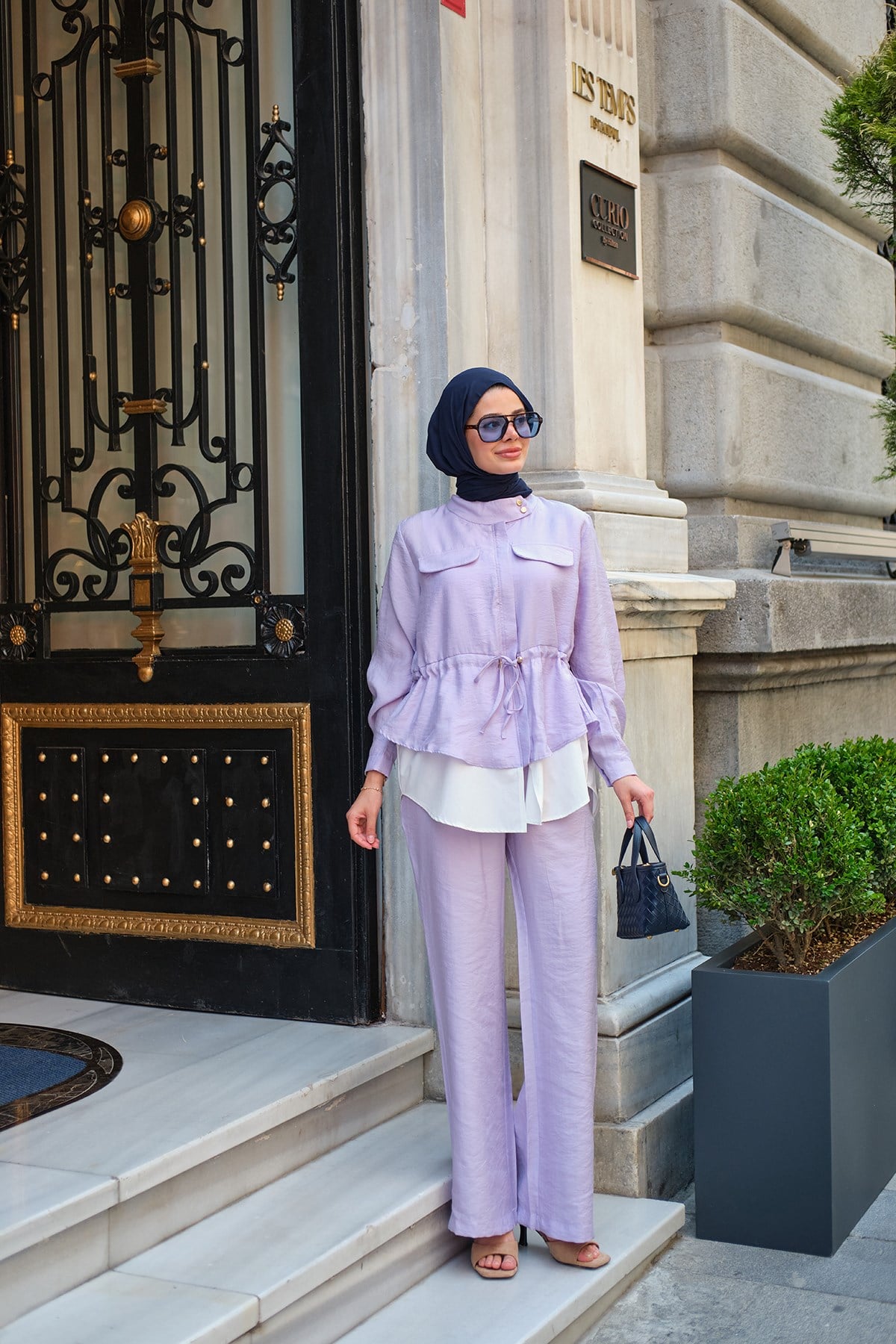 Çift Cep Detaylı Gizli Düğmeli Parçalı Takım Lila