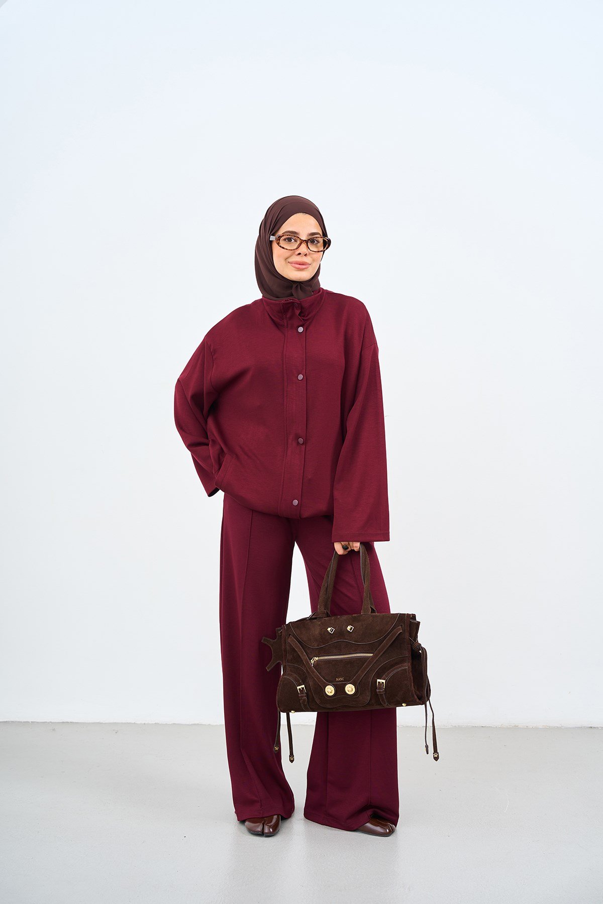Çift Cepli Çıtçıtlı Pantolonu Biyeli Fermuarlı Takım Bordo