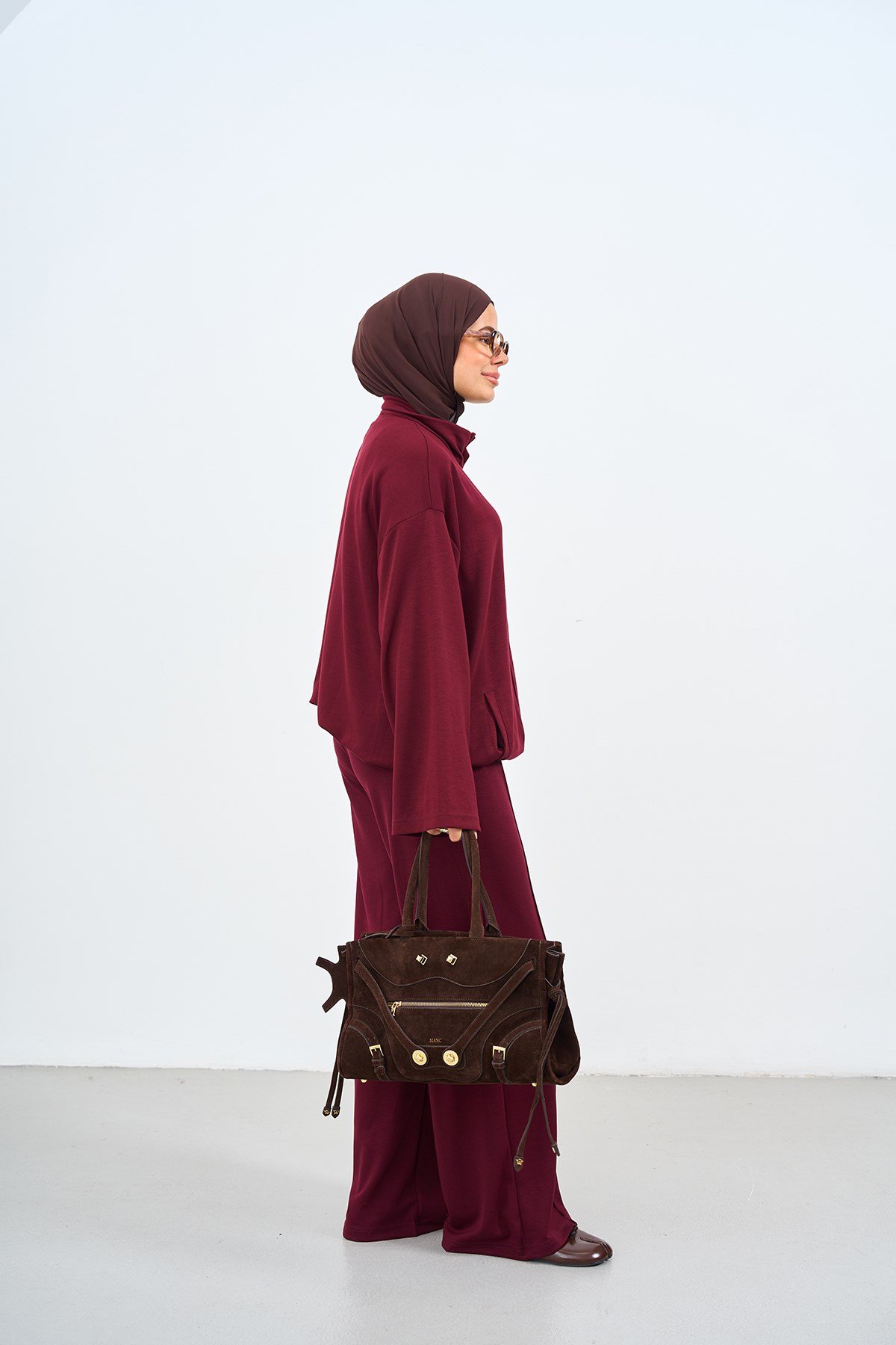 Çift Cepli Çıtçıtlı Pantolonu Biyeli Fermuarlı Takım Bordo