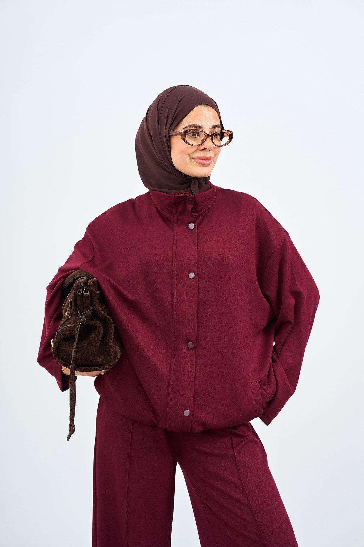 Çift Cepli Çıtçıtlı Pantolonu Biyeli Fermuarlı Takım Bordo