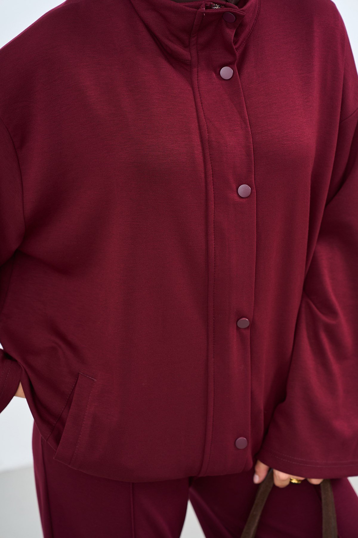 Çift Cepli Çıtçıtlı Pantolonu Biyeli Fermuarlı Takım Bordo