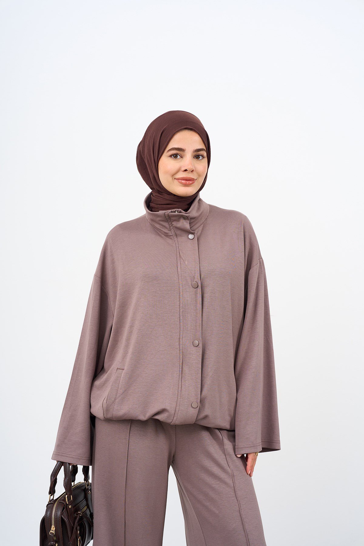 Çift Cepli Çıtçıtlı Pantolonu Biyeli Fermuarlı Takım Vizon
