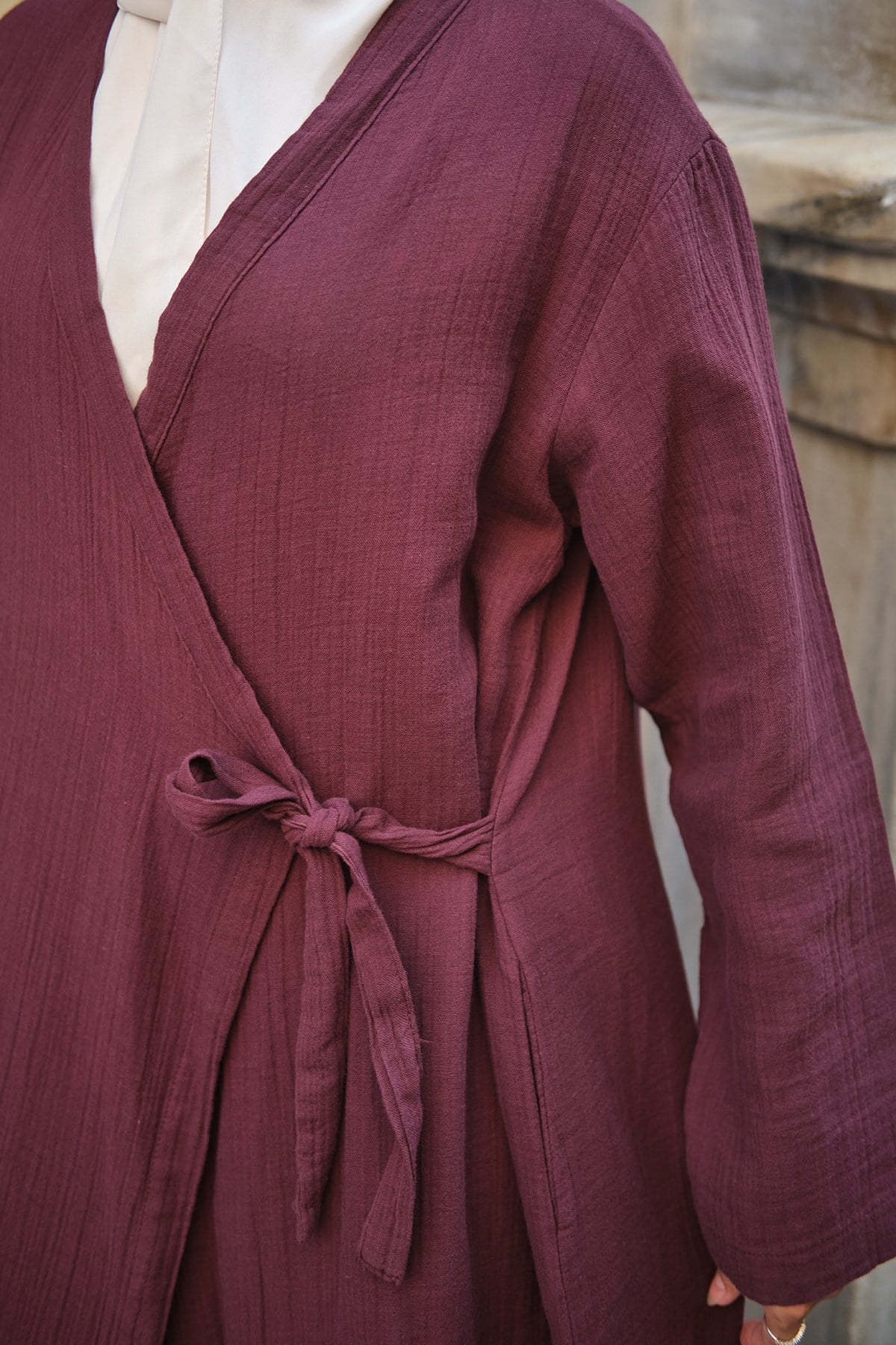 Çift Cepli İç Ve Dıştan Düğmeli Bağlamalı Müslin Uzun Kimono Mürdüm