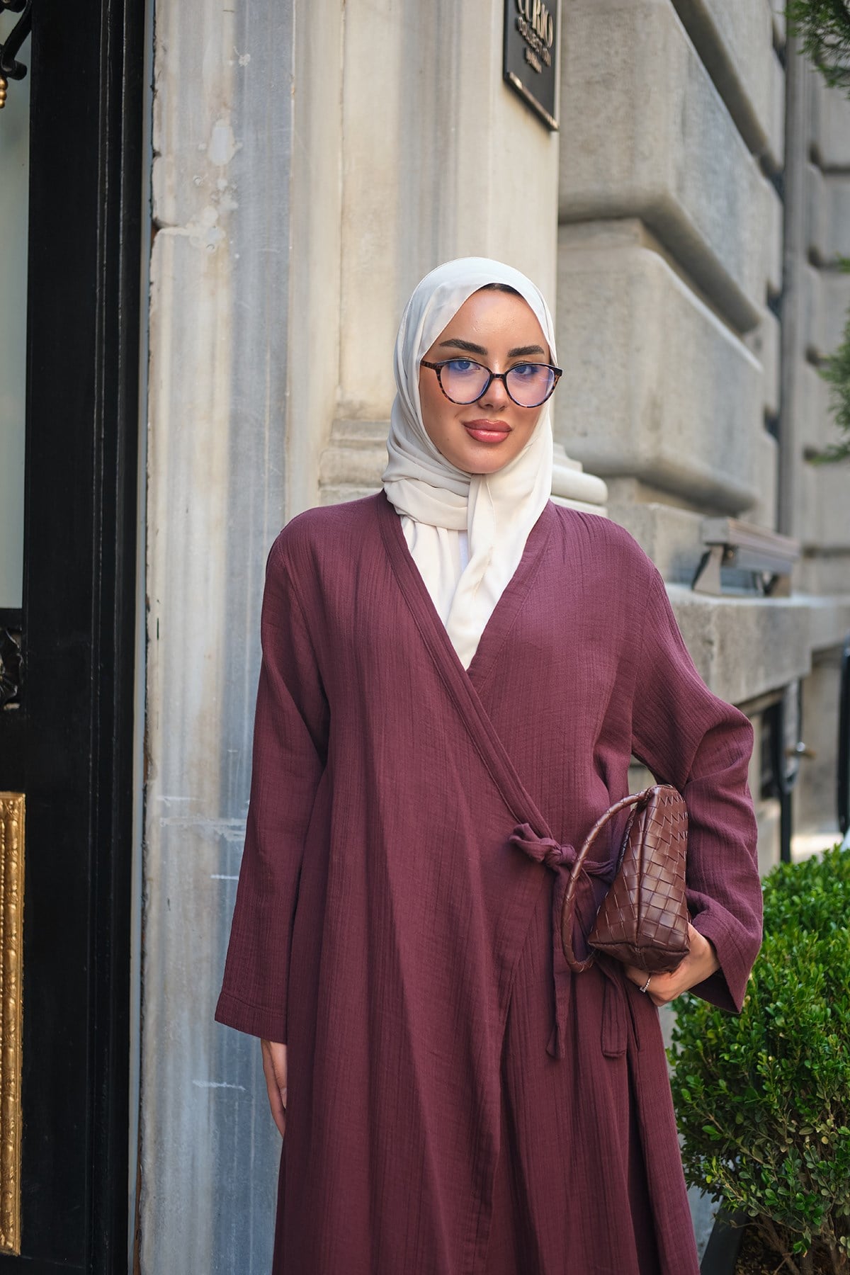 Çift Cepli İç Ve Dıştan Düğmeli Bağlamalı Müslin Uzun Kimono Mürdüm