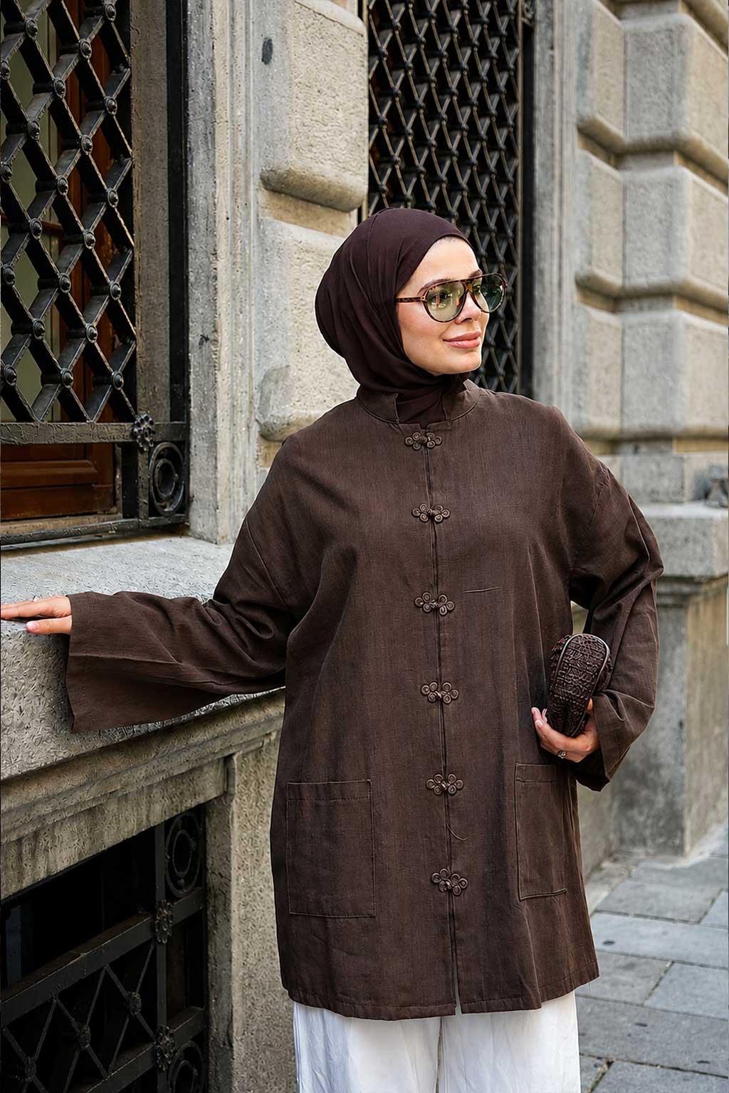Çift Cepli Kelebek Düğmeli Hırka Kahverengi