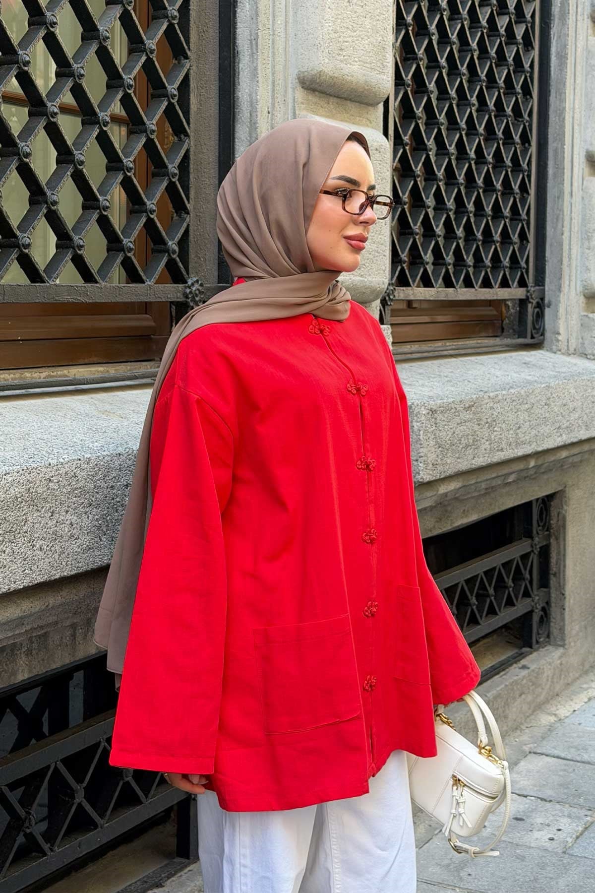 Çift Cepli Kelebek Düğmeli Hırka Kırmızı