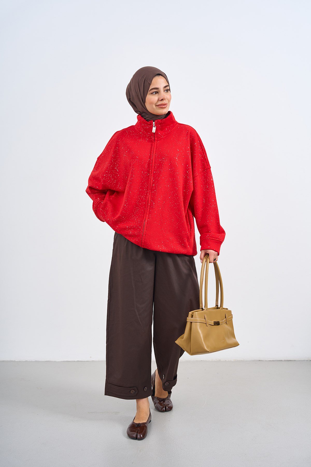 Çift Cepli Simli Fermuarlı Sweatshirt Kırmızı