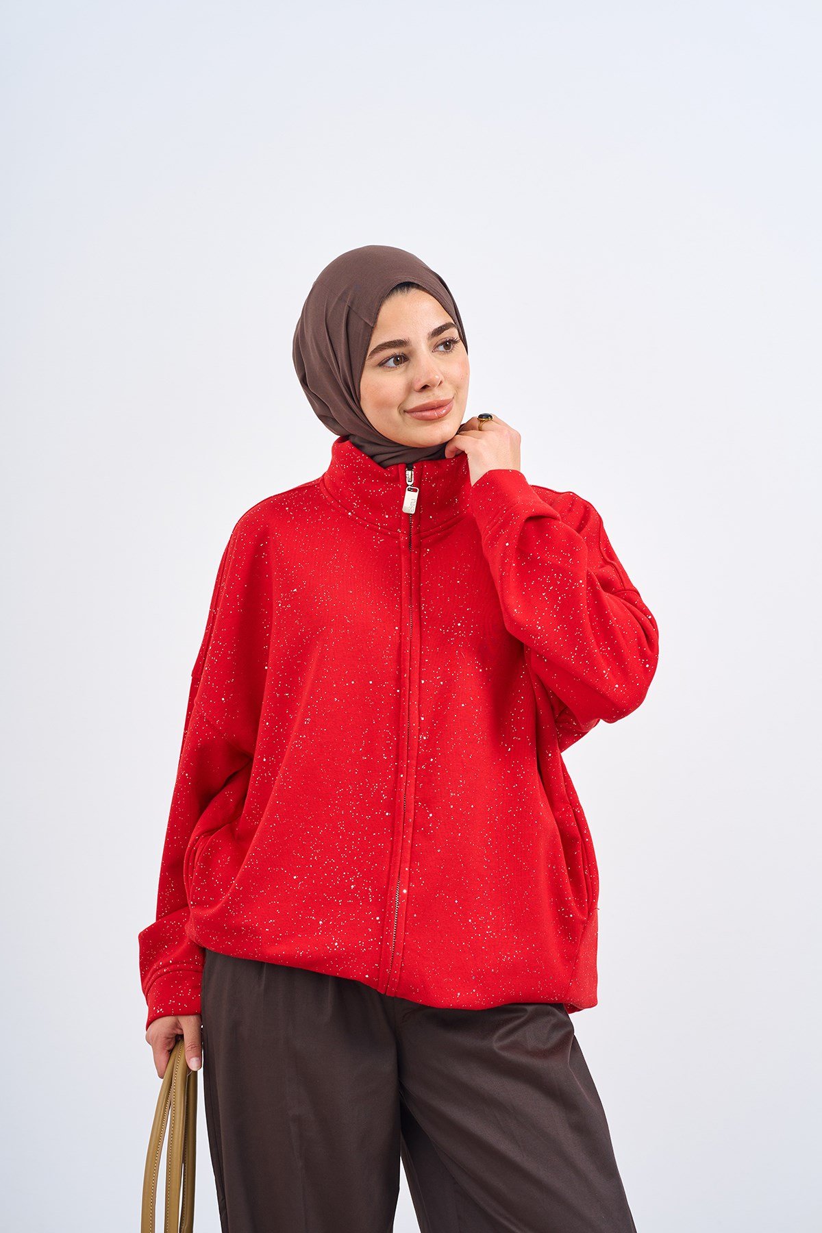 Çift Cepli Simli Fermuarlı Sweatshirt Kırmızı