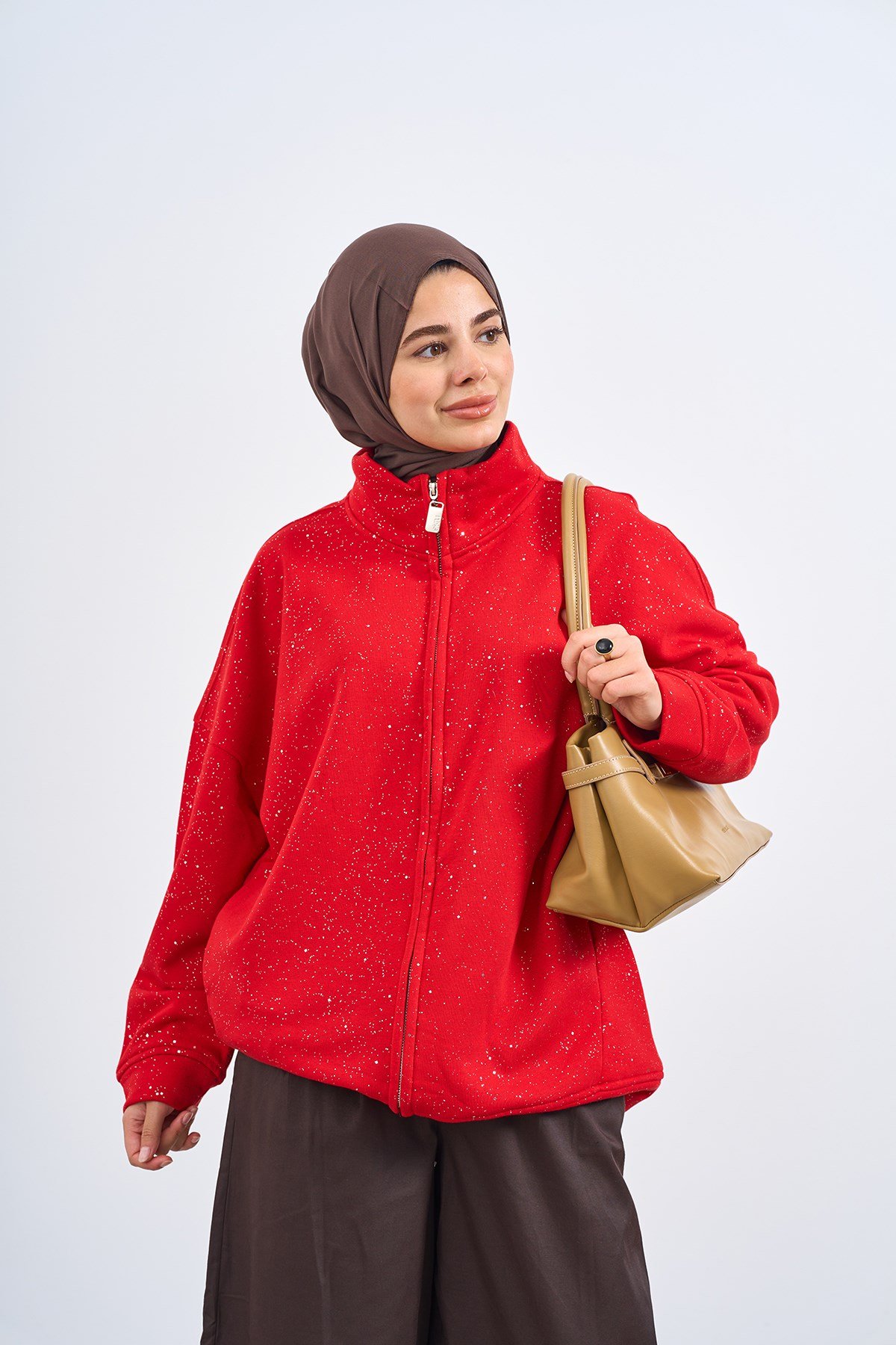 Çift Cepli Simli Fermuarlı Sweatshirt Kırmızı