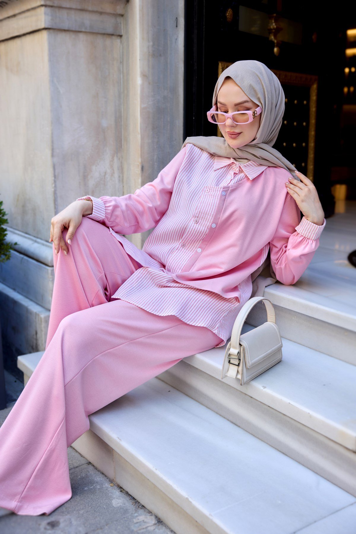 Çift Düğme Detaylı Ekose Çizgili İnce Scuba Takım Pembe