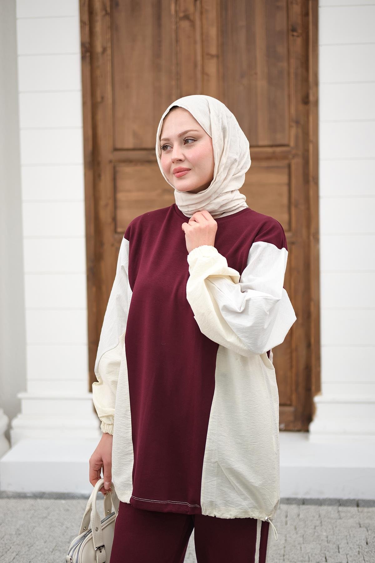 Çift Garni Detaylı Takım Bordo