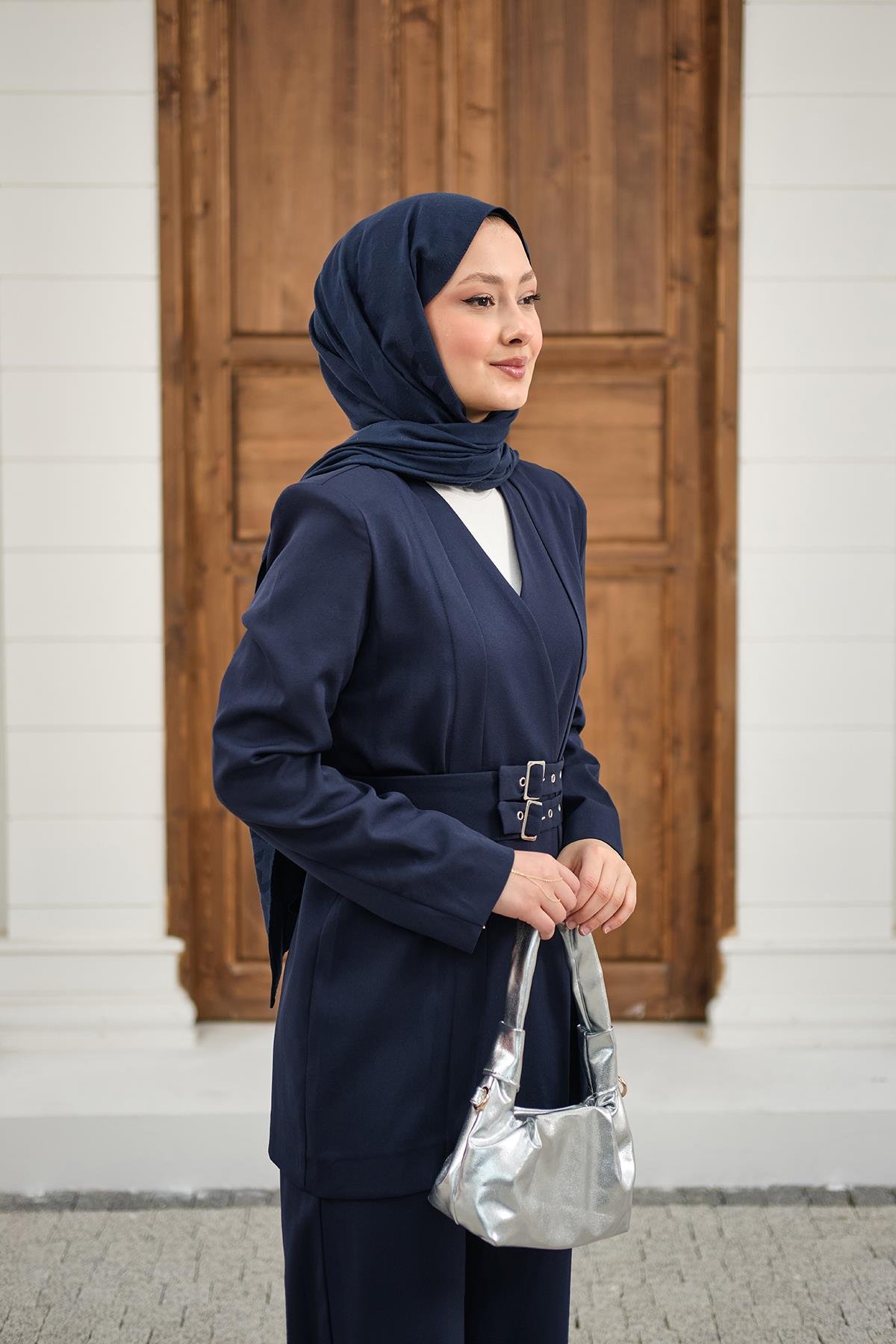 Çift Kemerli Ceketli Takım Lacivert