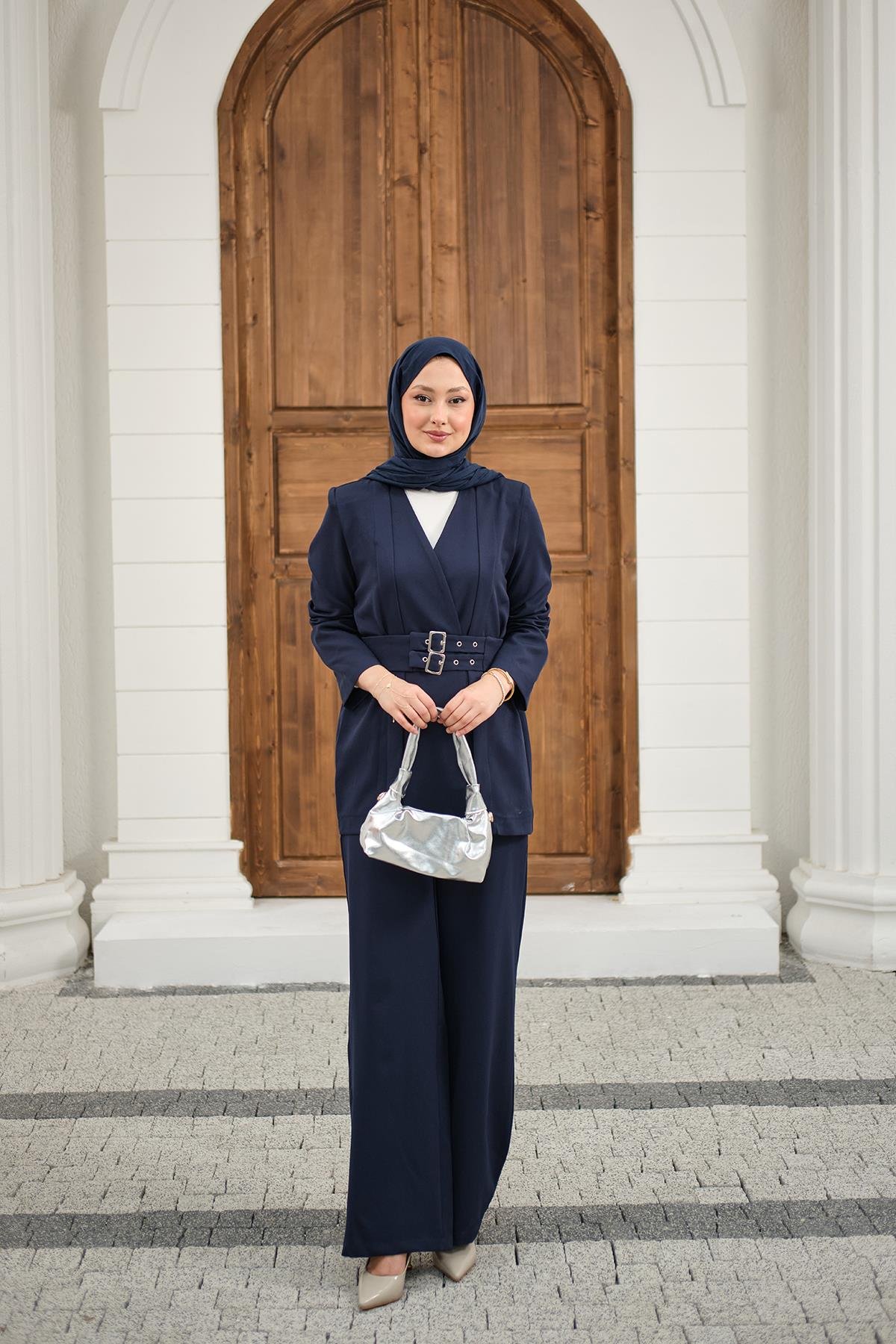 Çift Kemerli Ceketli Takım Lacivert