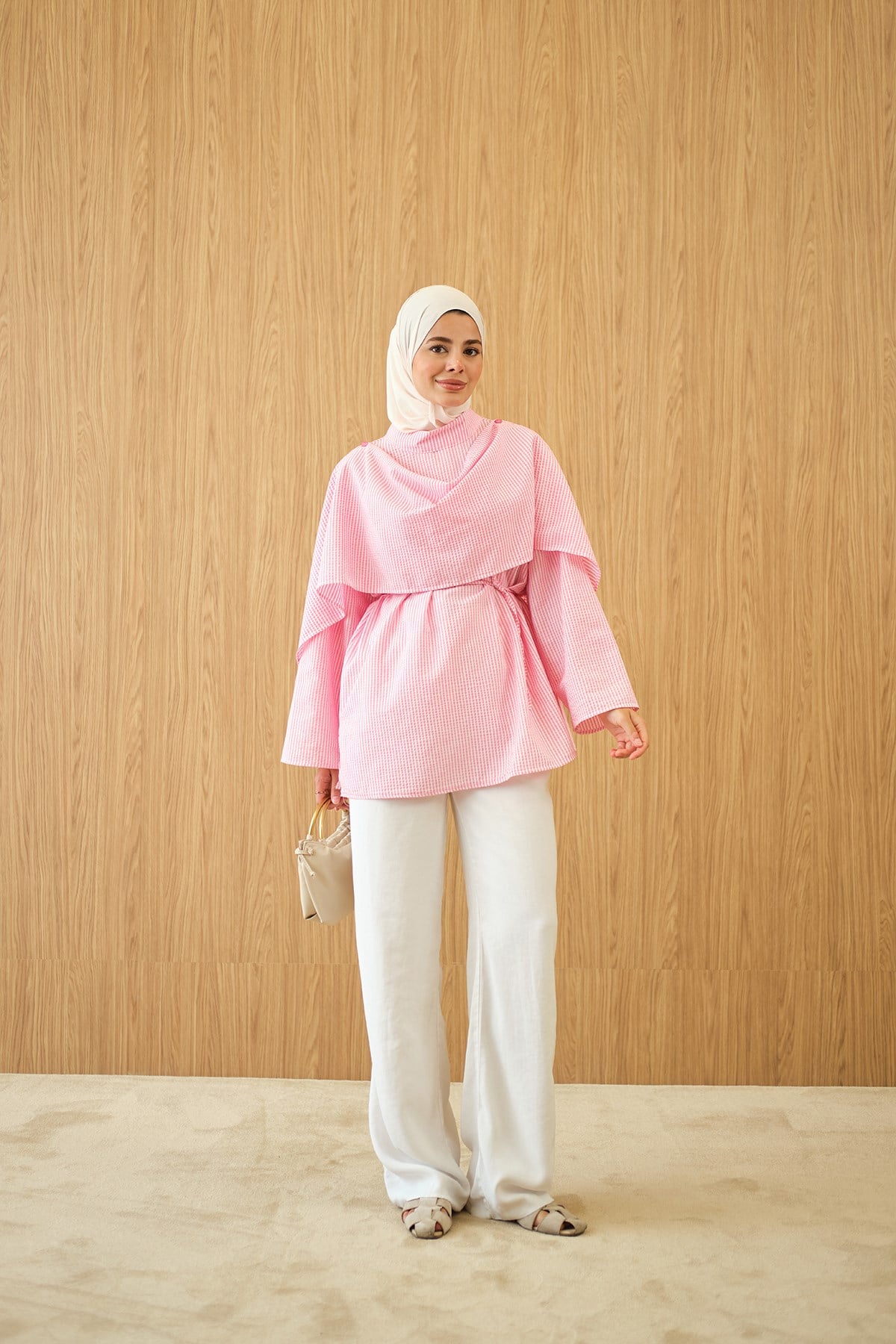 Çıkarılabilir Pelerin Detay Çizgili Tunik Pembe