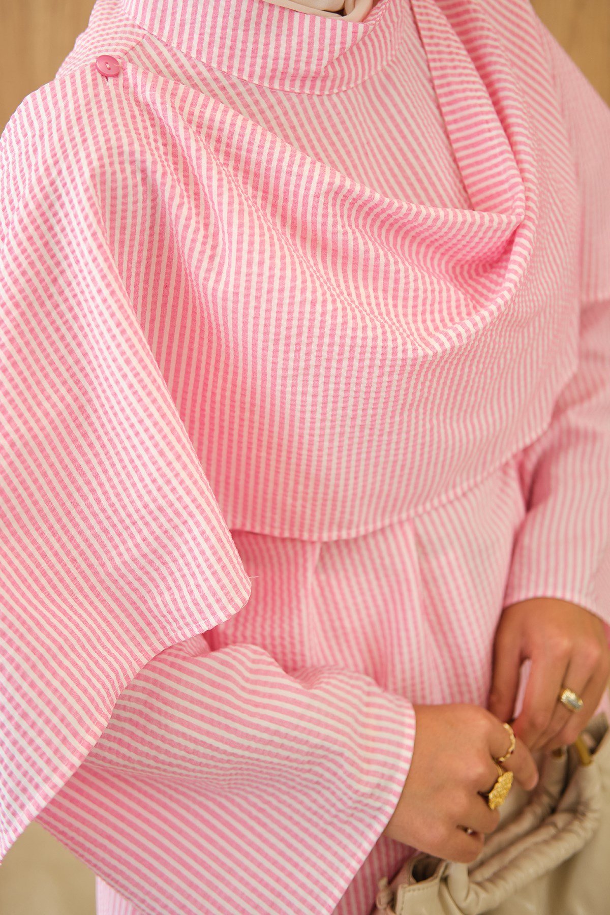 Çıkarılabilir Pelerin Detay Çizgili Tunik Pembe