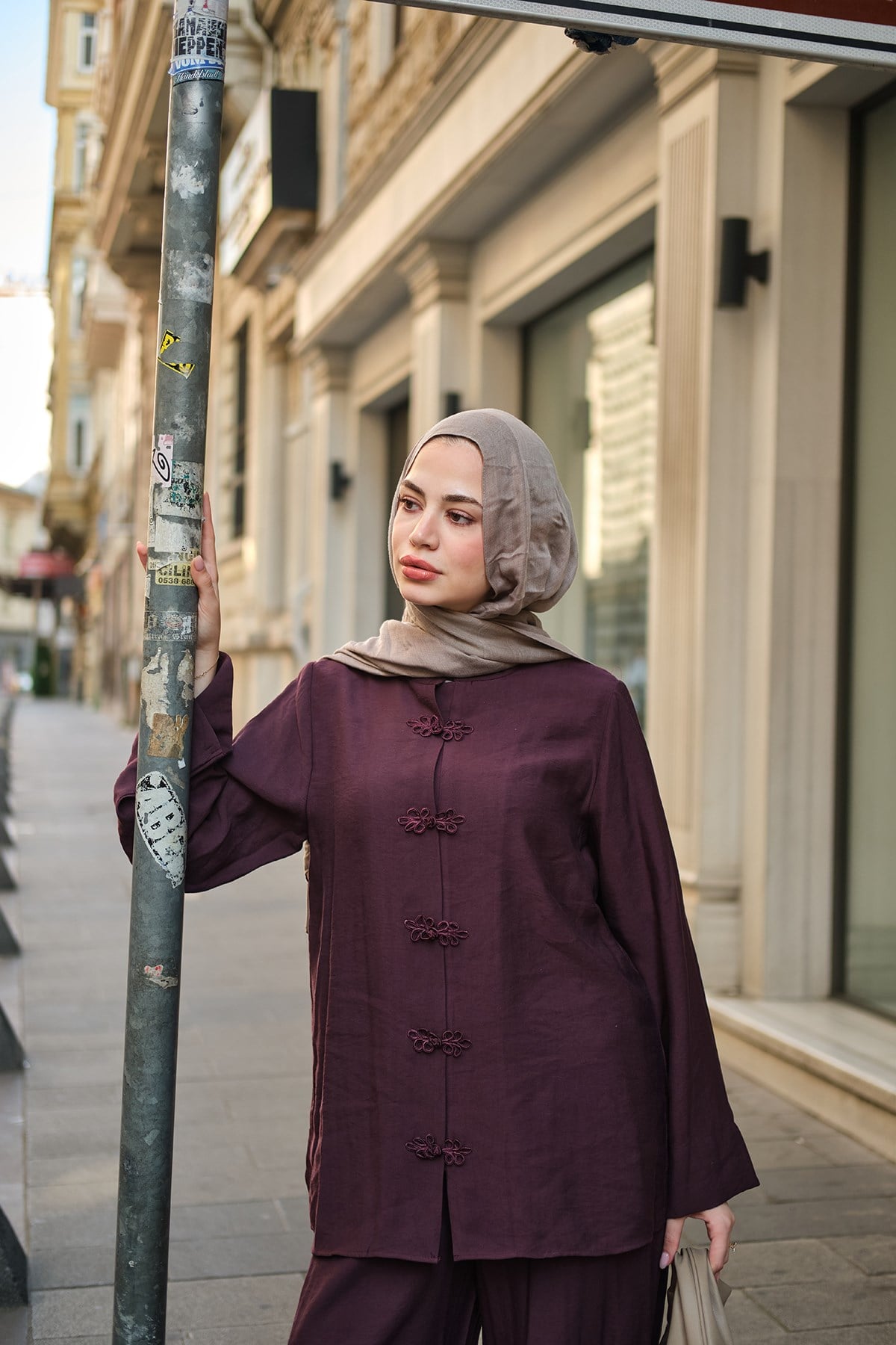 Çin Düğme Detay Bel Lastikli İkili Takım Mürdüm