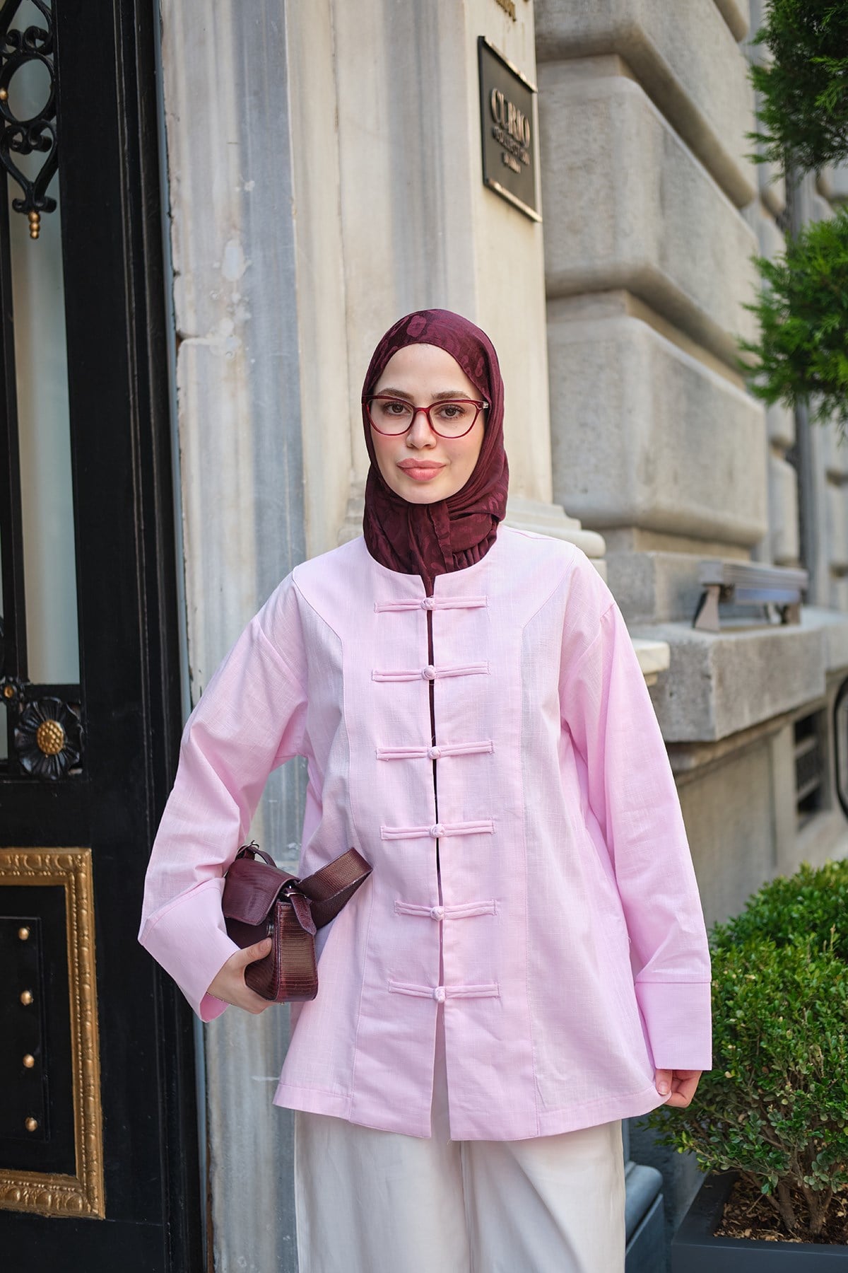 Çin Düğme Dikiş Detay Tunik Pembe