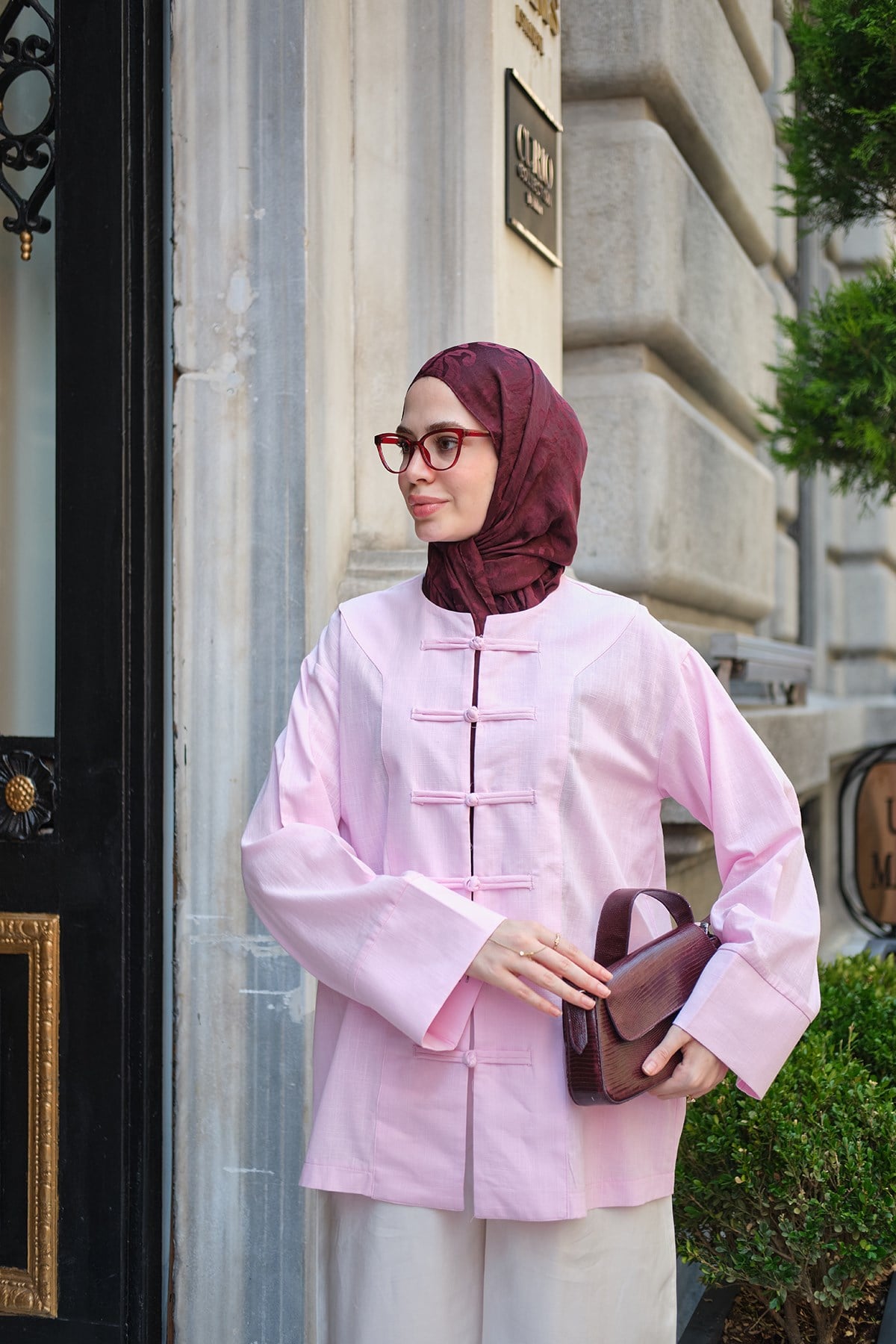 Çin Düğme Dikiş Detay Tunik Pembe