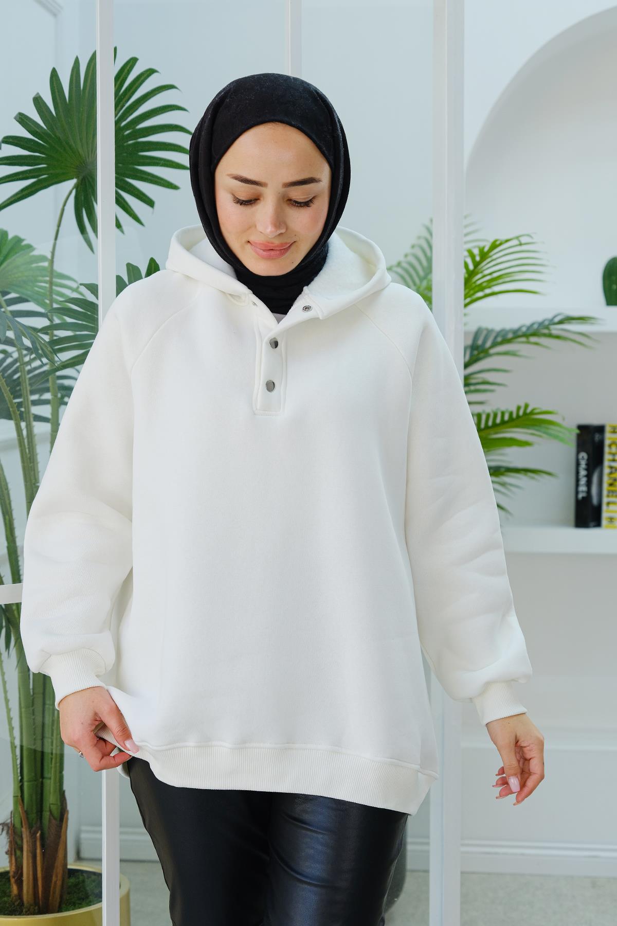 Çıt Çıt Detay Kapüşonlu Sweat Beyaz