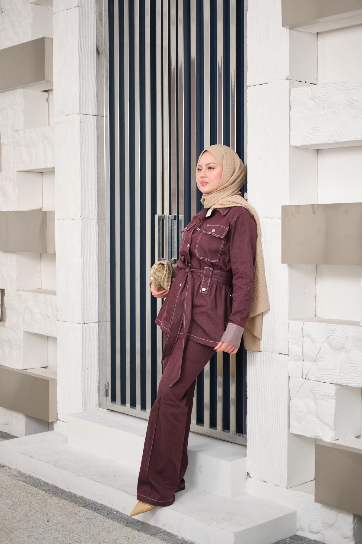 Çıt Çıt Detaylı Dikiş Detay Bel Bağlamalı Takım Bordo