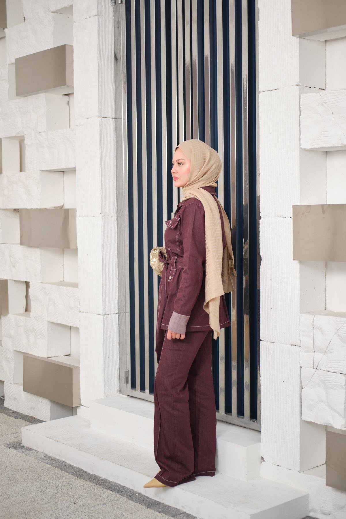 Çıt Çıt Detaylı Dikiş Detay Bel Bağlamalı Takım Bordo