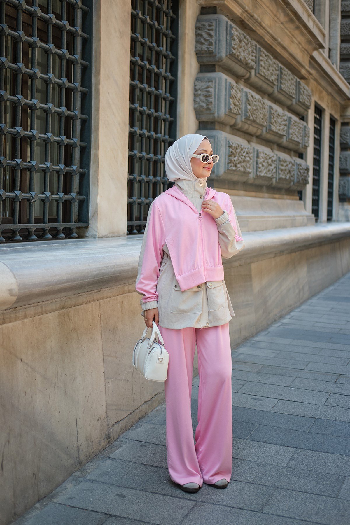 Çıtçıtlı Çift Kat Kapüşonlu Takım Pembe