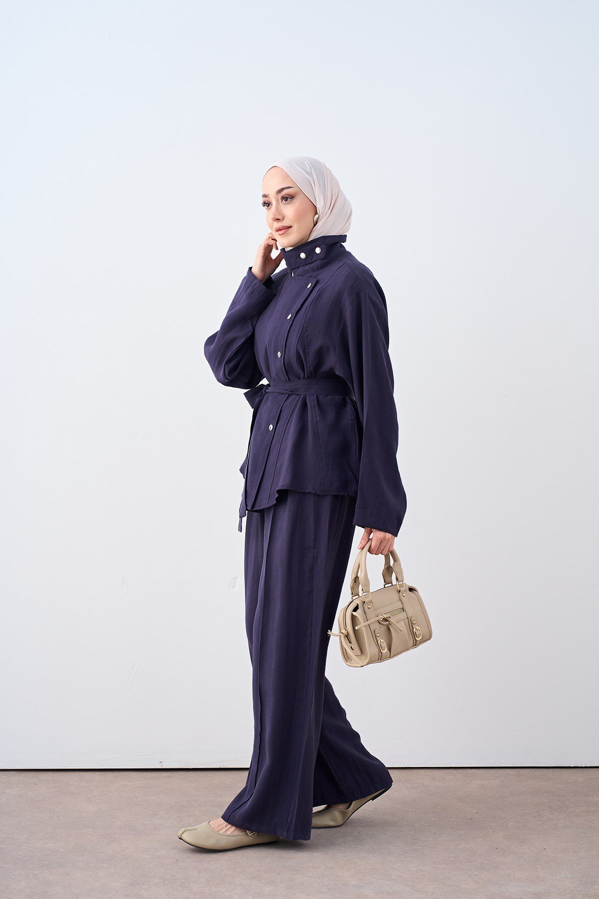 Çıtçıtlı Dikiş Detay Bel Bağlamalı Takım Lacivert