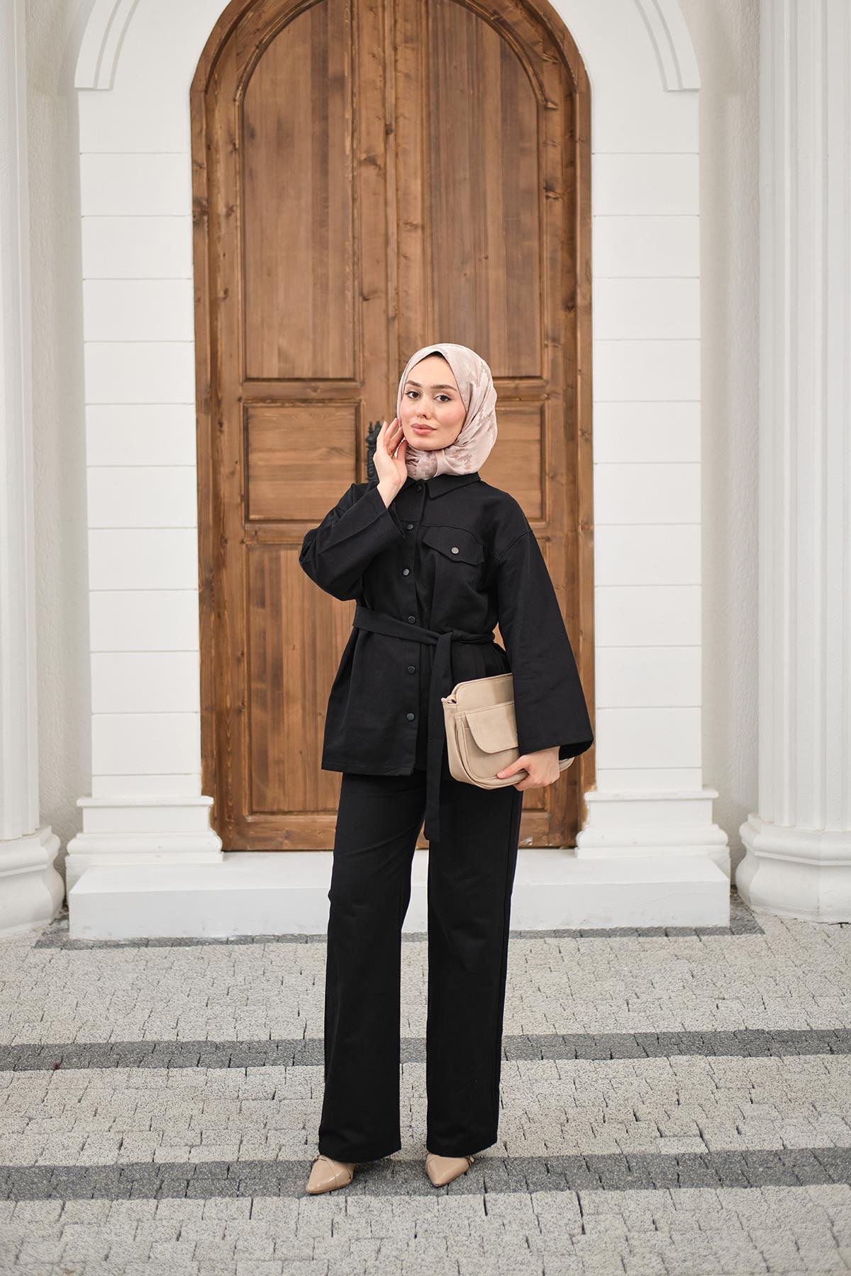 Çıtçıtlı Gabardin Bel bağlamalı takım Siyah
