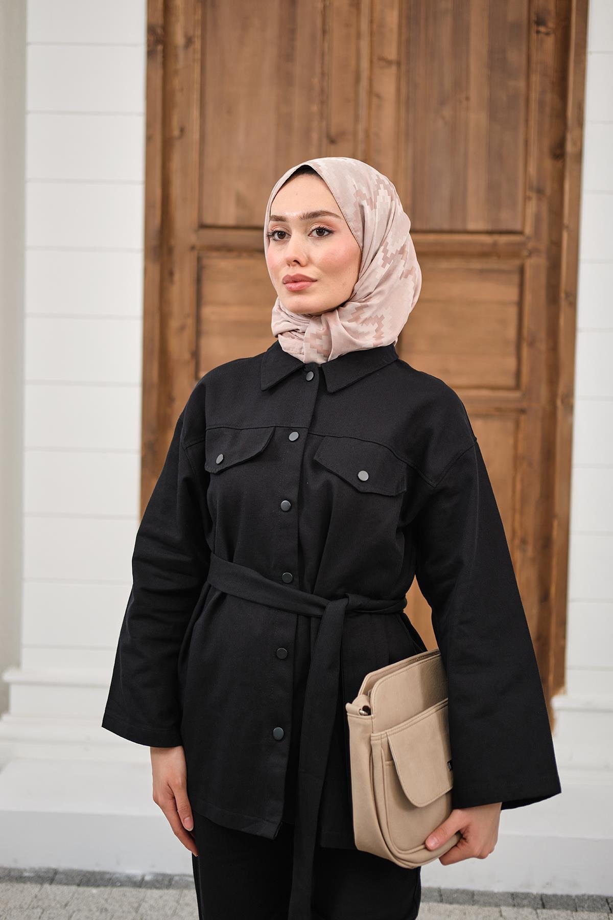 Çıtçıtlı Gabardin Bel bağlamalı takım Siyah