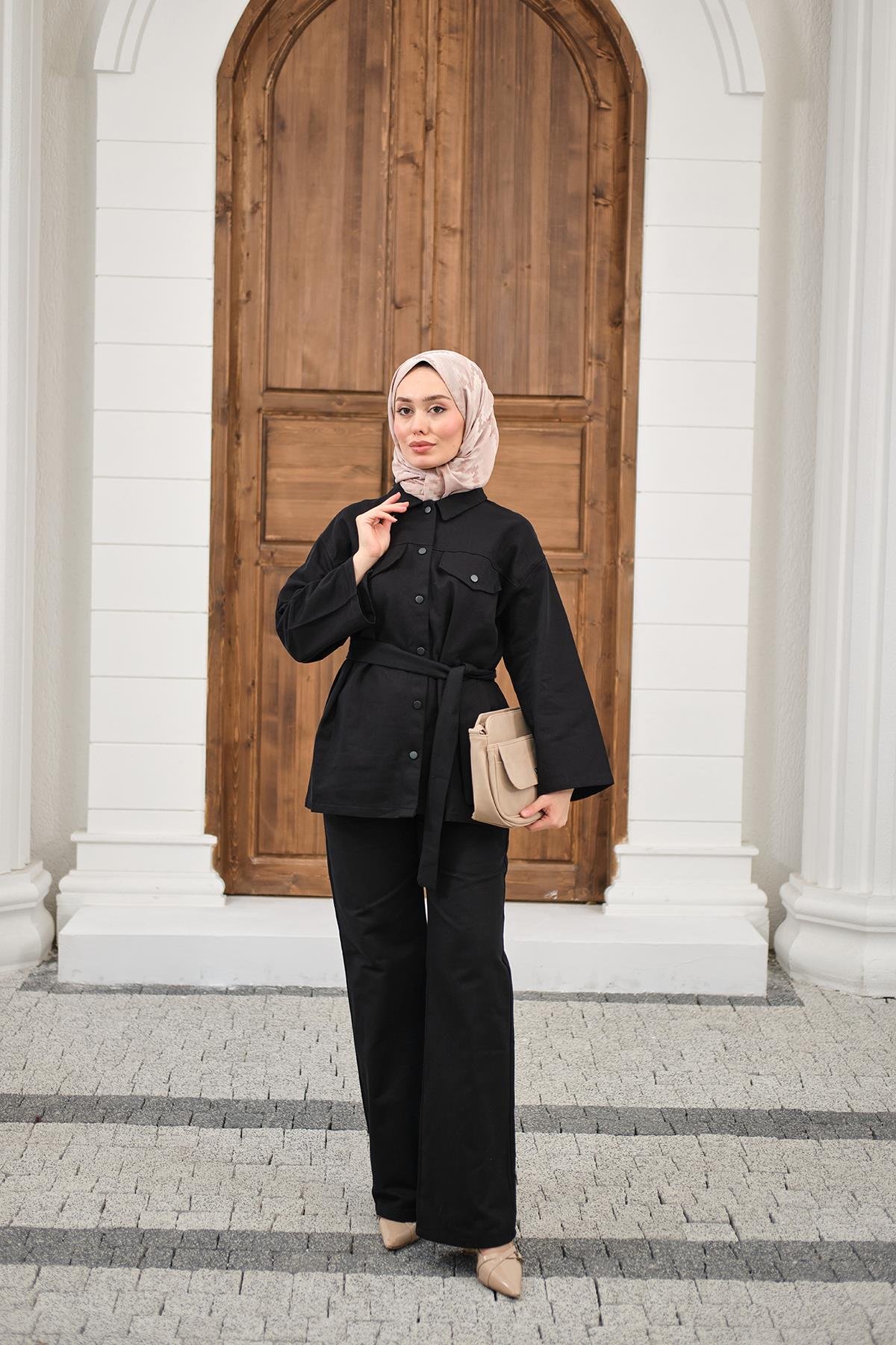 Çıtçıtlı Gabardin Bel bağlamalı takım Siyah