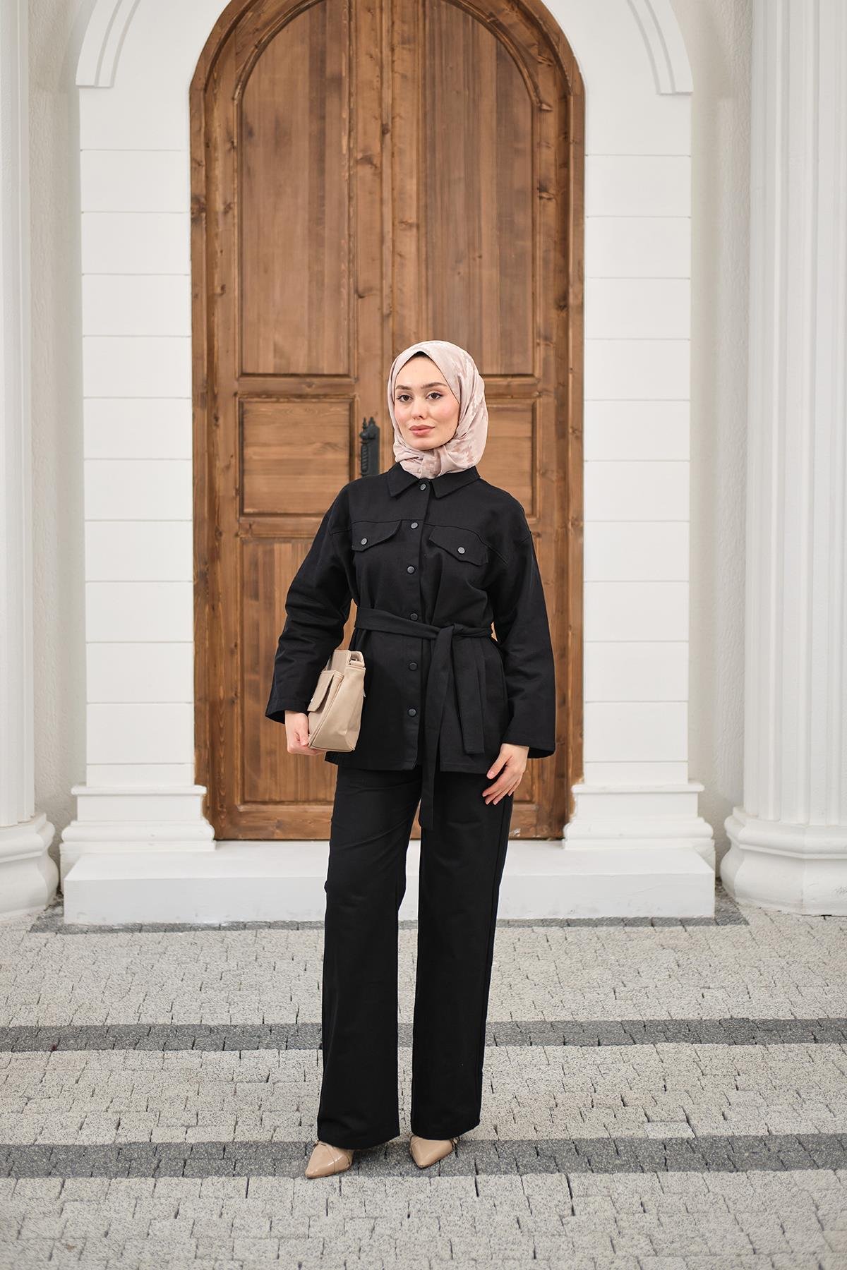Çıtçıtlı Gabardin Bel bağlamalı takım Siyah