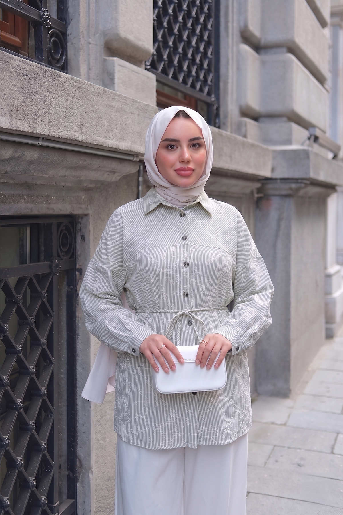 Çizgi Desen Bel Bağlamalı Gömlek Yeşil