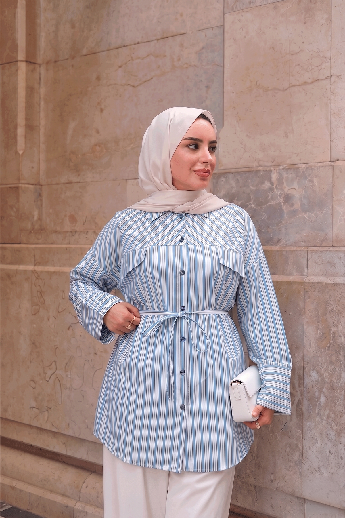 Çizgi Desenli Bel Bağlamalı Gömlek Açık Mavi