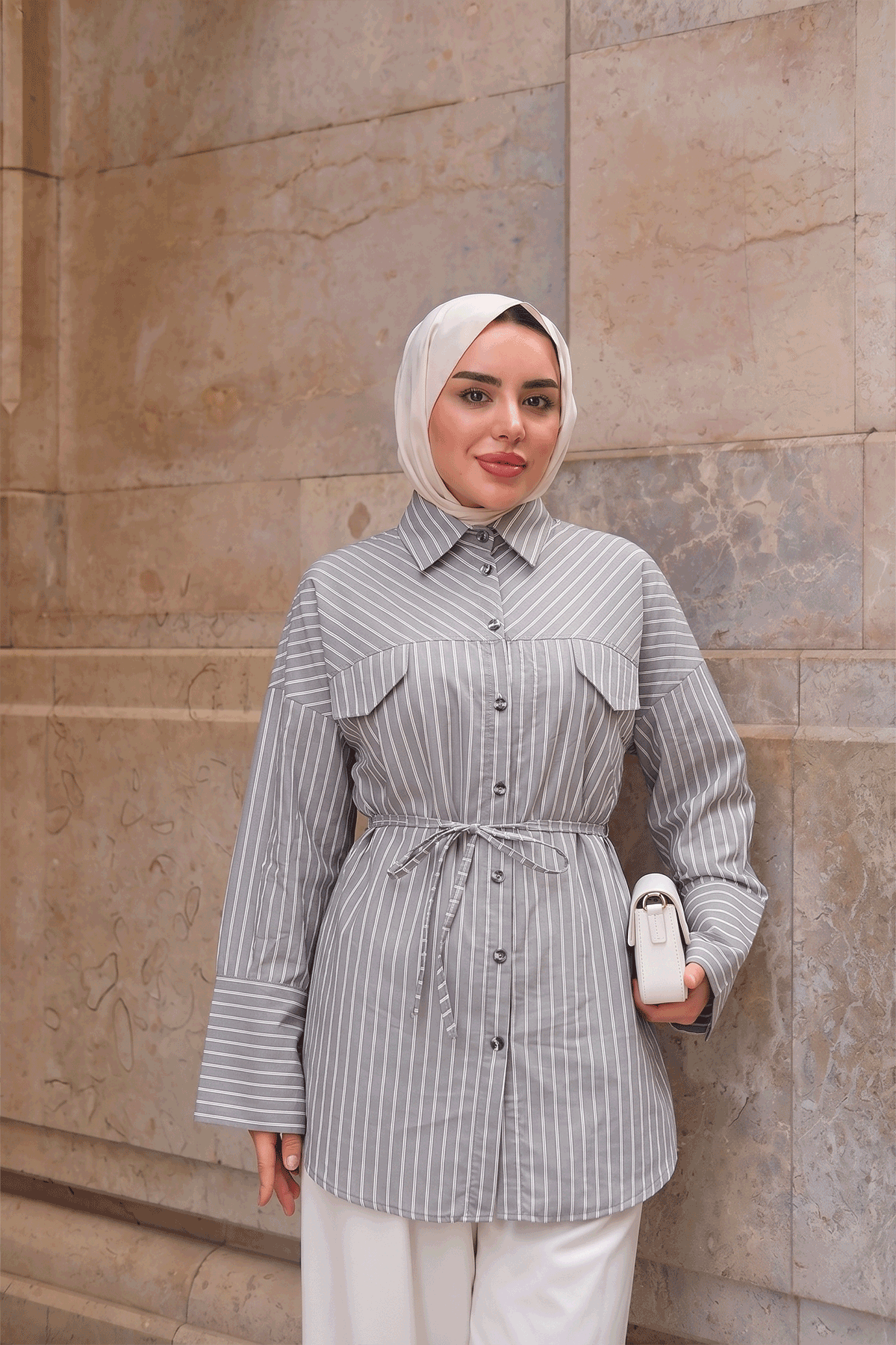 Çizgili Bel Bağlamalı Gömlek Gri