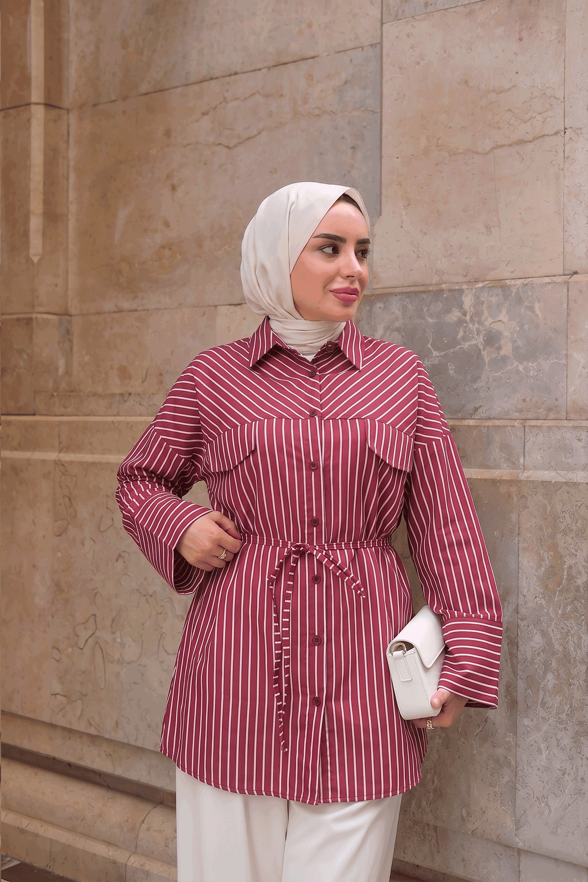 Çizgili Bel Bağlamalı Gömlek Kırmızı