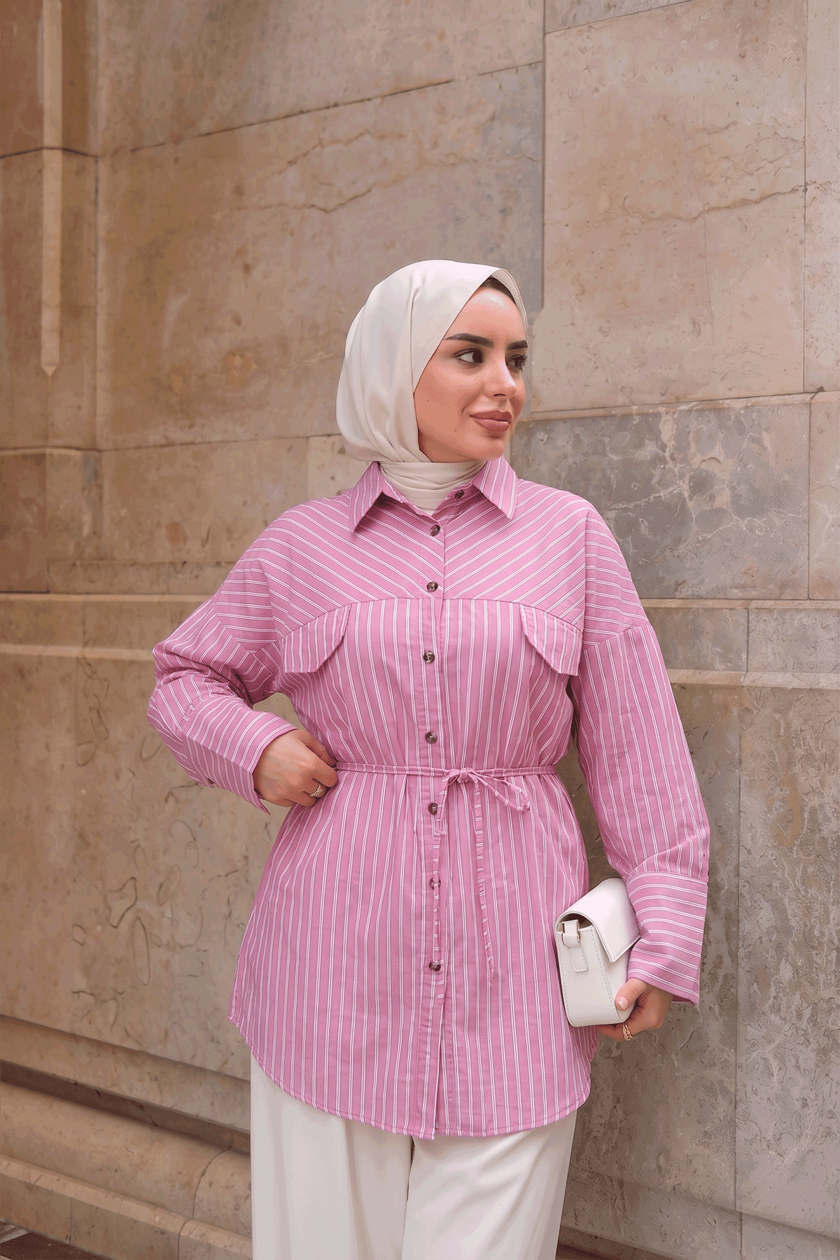 Çizgili Bel Bağlamalı Gömlek Pembe