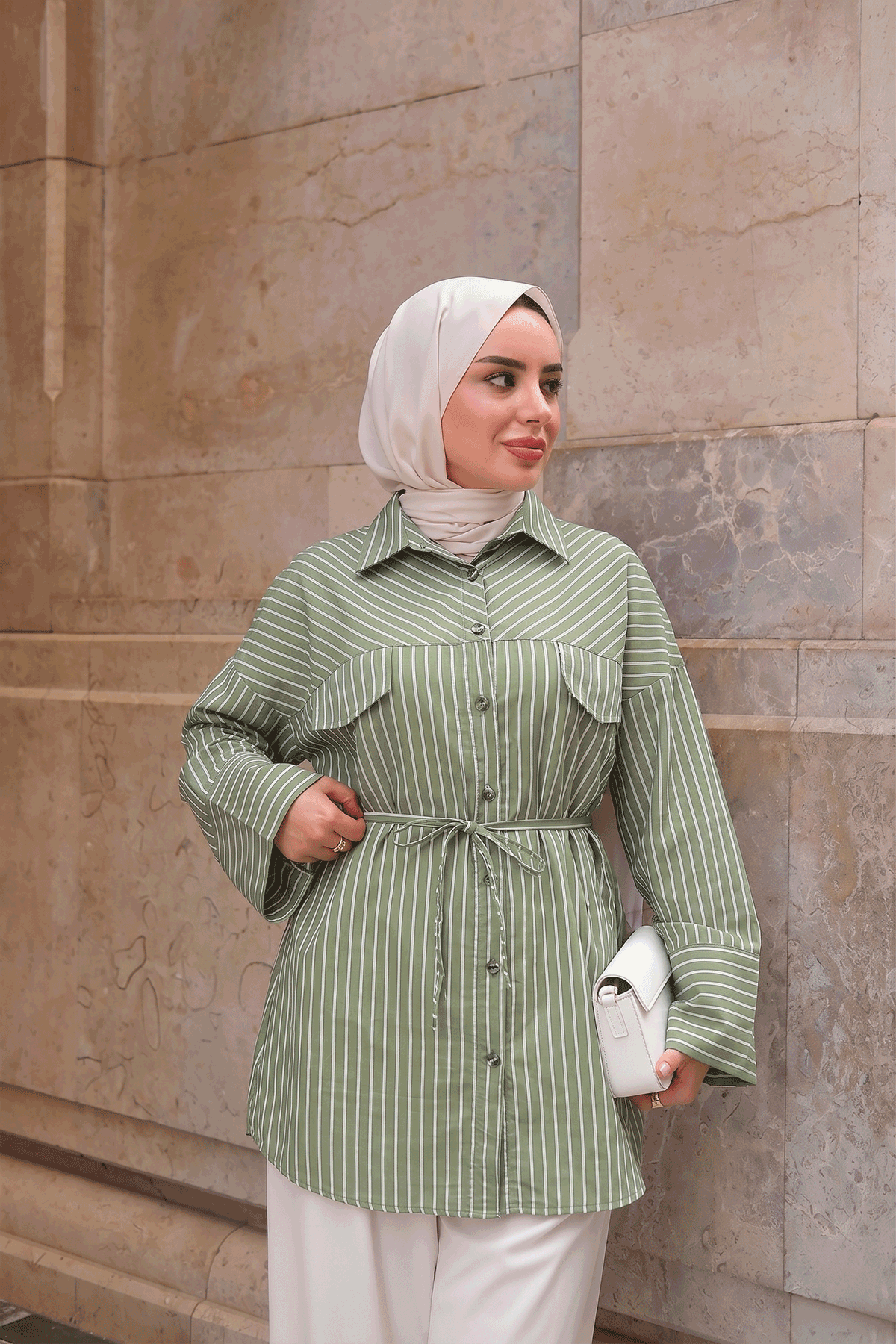 Çizgili Bel Bağlamalı Gömlek Yeşil