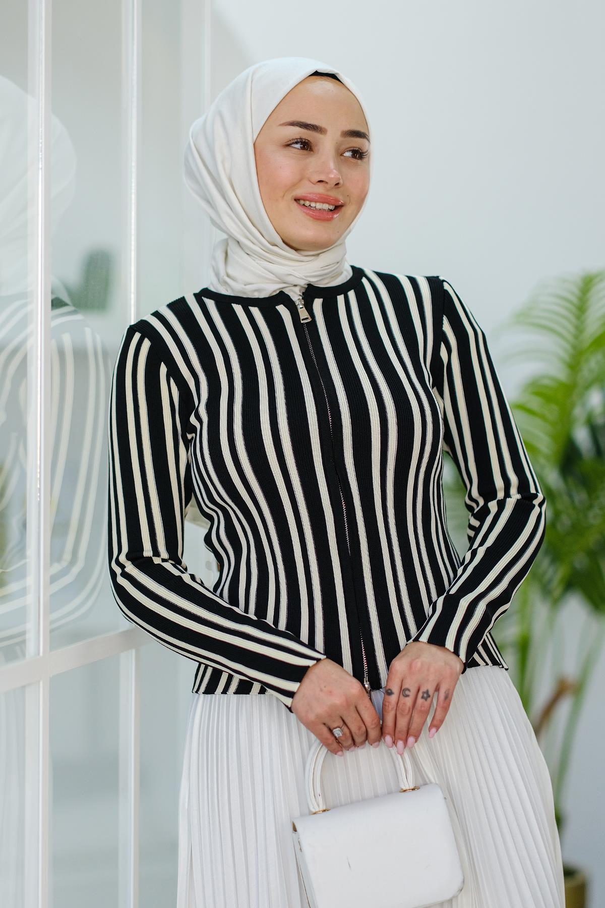 Çizgili Fermuarlı Hırka Ekru