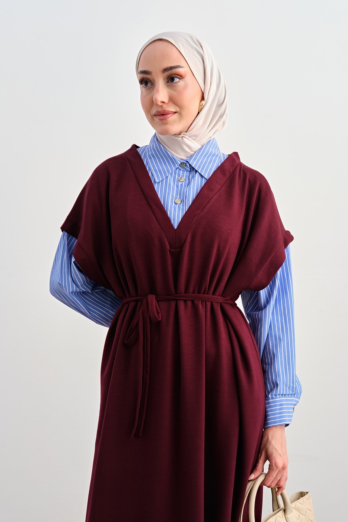 Çizgili Gömlek Yaka Bel Bağlamalı Elbise Bordo